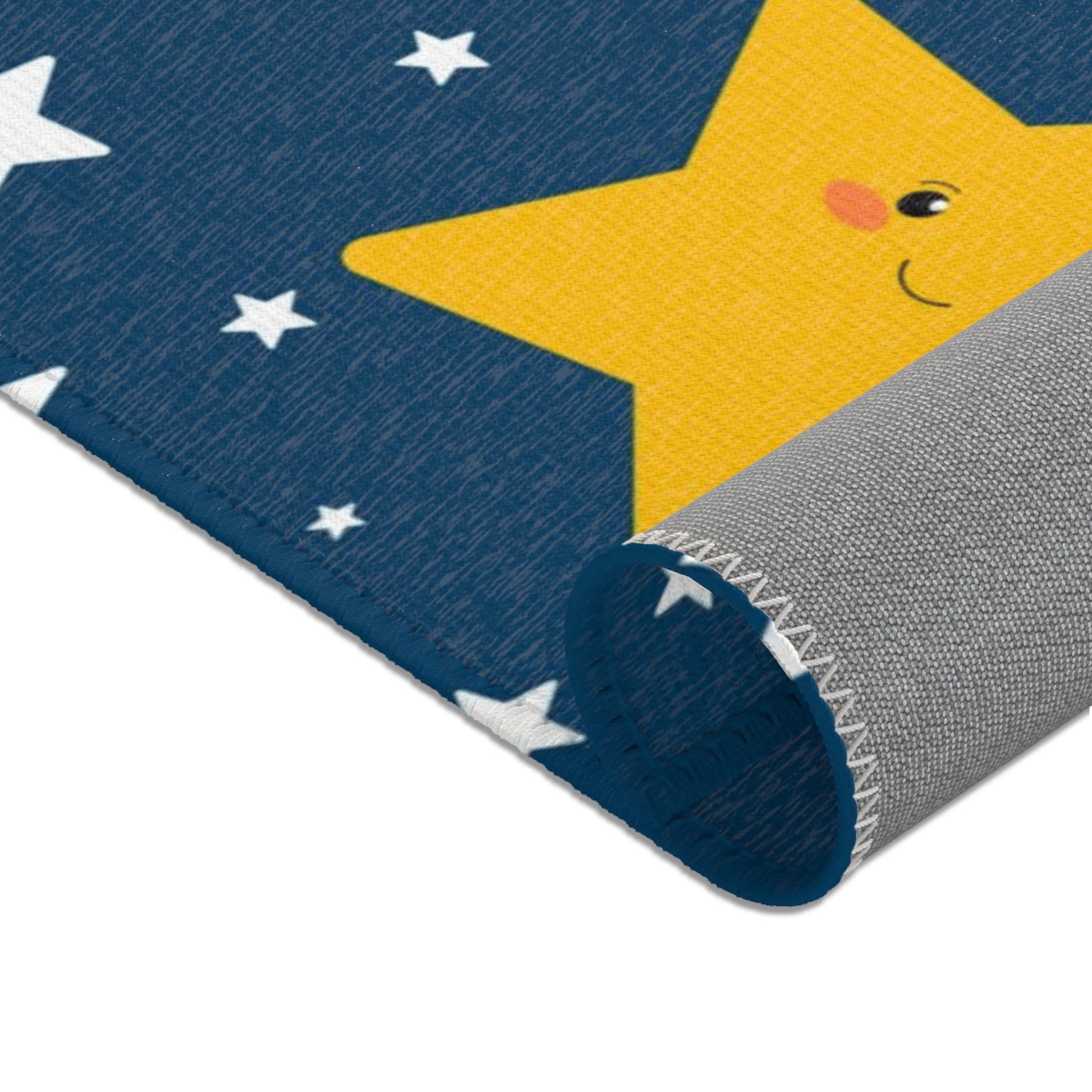 Kinderteppich „Süße Sterne“ von spielzwerg. Nahaufnahme gerollt. RUG-00158-XL, RUG-00158-L.
