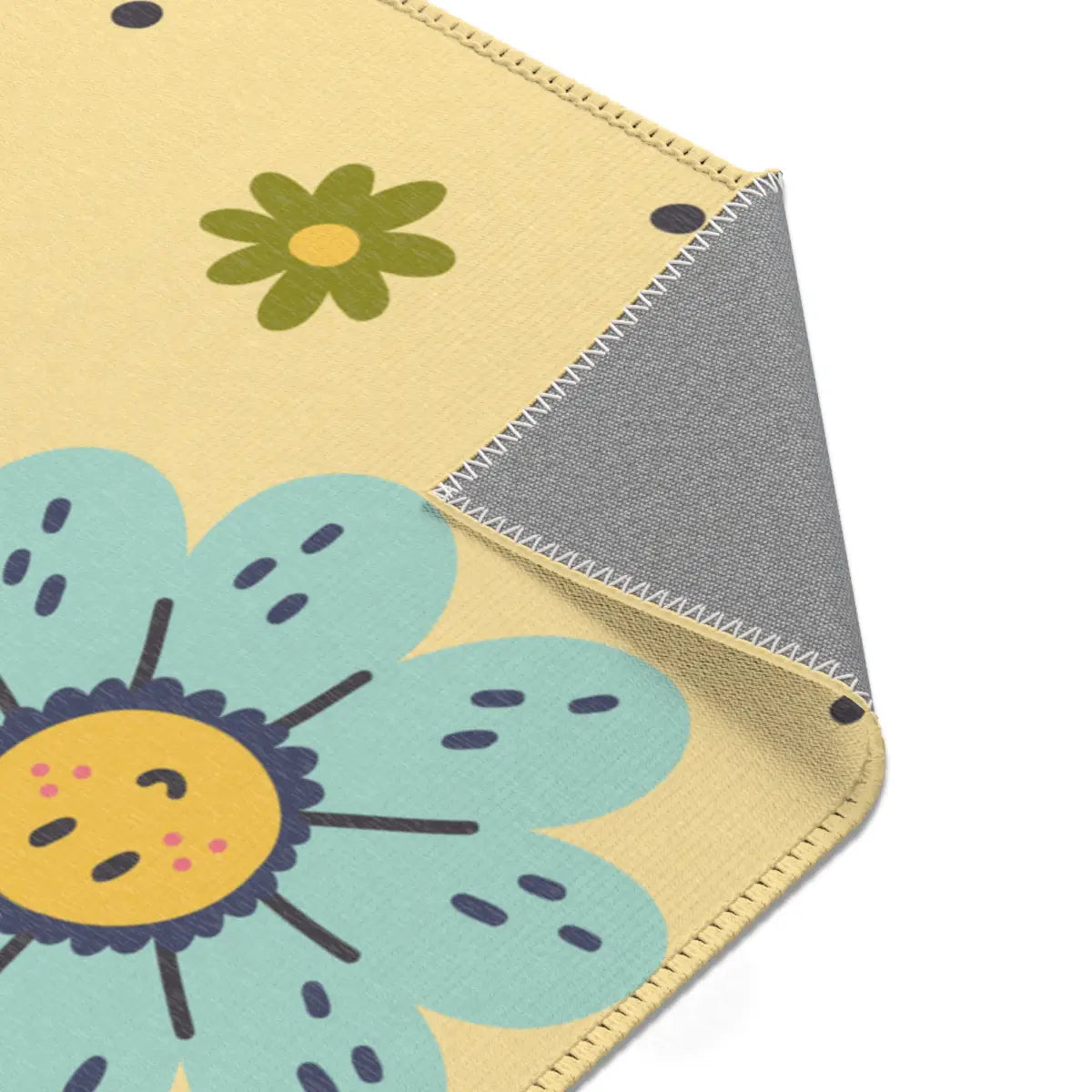 Kinderteppich "Hippie Wohnmobil" von spielzwerg. Nahaufnahme umgeklappte Ecke. RUG-00113-XL, RUG-00113-L.