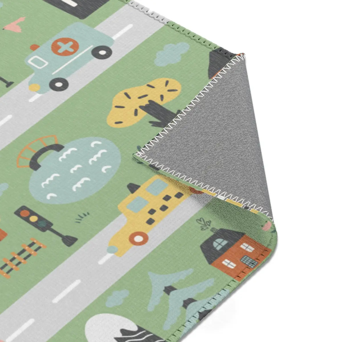 Spielteppich "Bergstraßen" von spielzwerg. Nahaufnahme umgeklappte Ecke. RUG-00105-XL, RUG-00105-L.