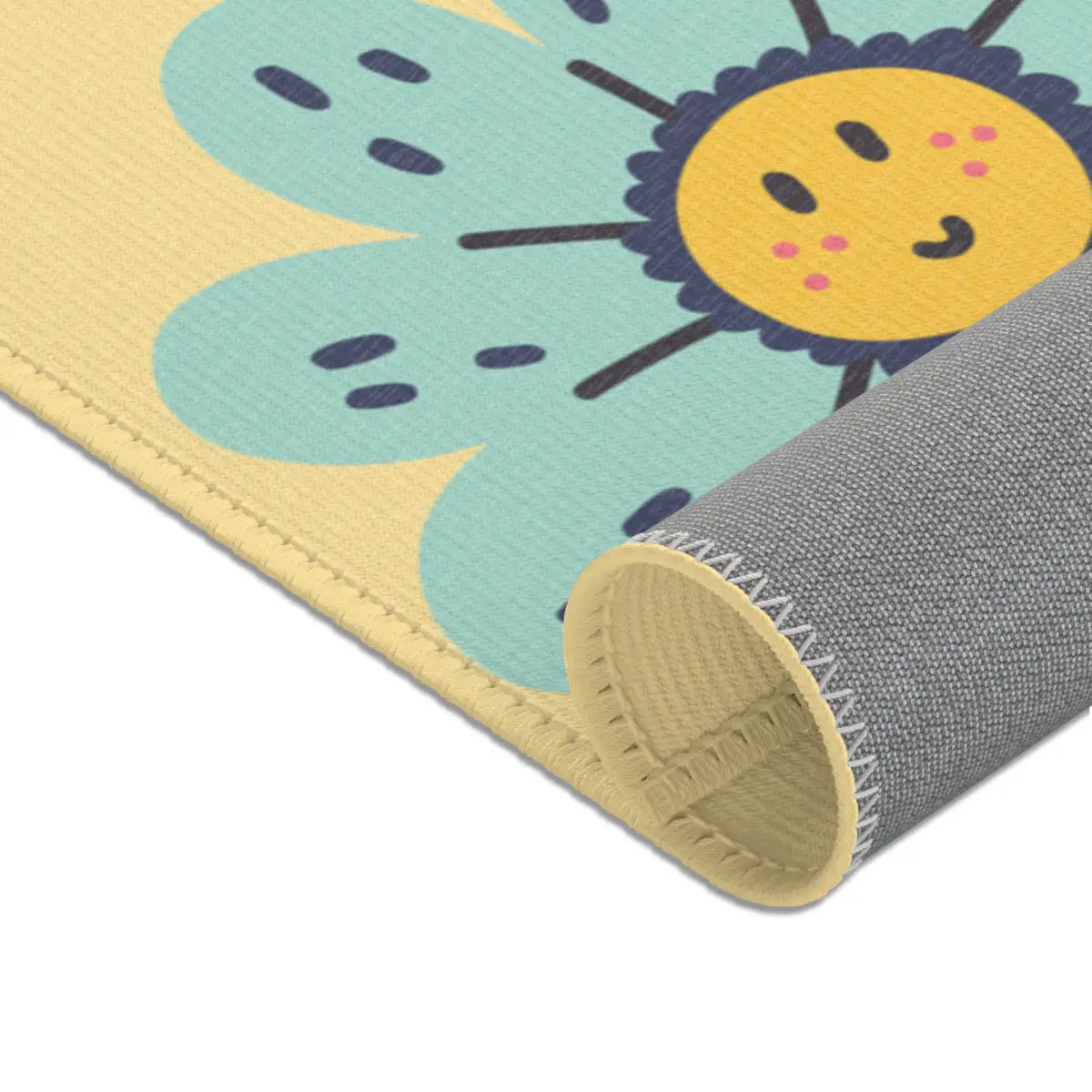 Kinderteppich "Hippie Wohnmobil" von spielzwerg. Nahaufnahme gerollt. RUG-00113-XL, RUG-00113-L.