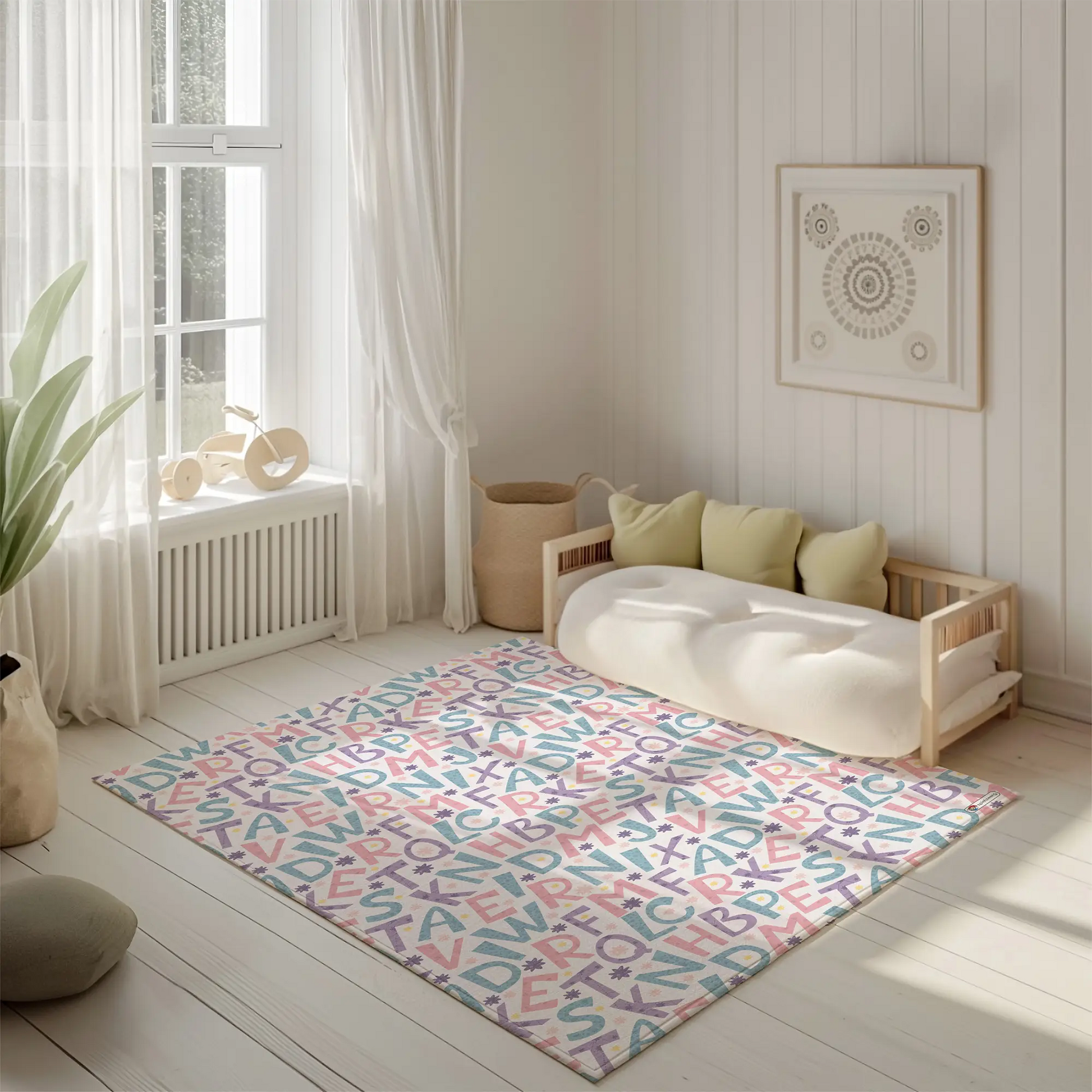 Kinderteppich "Buchstabensalat" von spielzwerg. Ambientebild von einem hellen, freundlichen Kinderzimmer mit weißen Holzwänden und hellem Holzboden. In der Ecke steht ein niedriges Holzbett mit weißen Decken und hellgrünen Kissen. Davor liegt der Teppich. Links steht ein kleines Holzspielzeugrad am Fenster mit weißen Vorhängen. An der Wand hängt ein gerahmtes Bild mit einem dezenten, kreisförmigen Muster. RUG-00115-XL, RUG-00115-L.