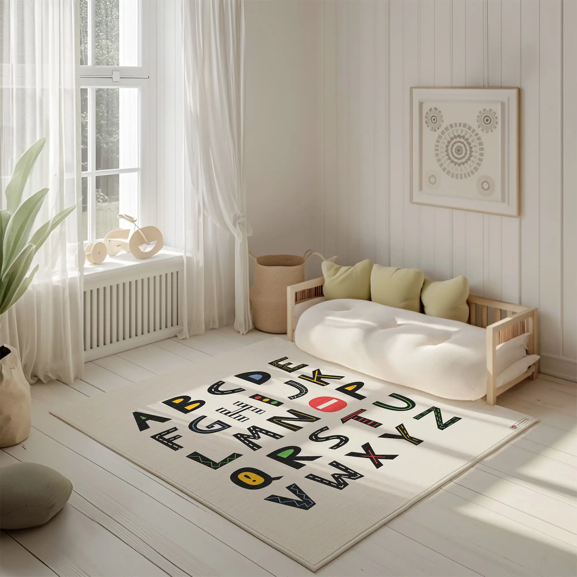 Kinderteppich "Verkehrsalphabet" von spielzwerg. Ambientebild von einem hellen, freundlichen Kinderzimmer mit weißen Holzwänden und hellem Holzboden. In der Ecke steht ein niedriges Holzbett mit weißen Decken und hellgrünen Kissen. Davor liegt der Teppich. Links steht ein kleines Holzspielzeugrad am Fenster mit weißen Vorhängen. An der Wand hängt ein gerahmtes Bild mit einem dezenten, kreisförmigen Muster. RUG-00114-XL, RUG-00114-L.
