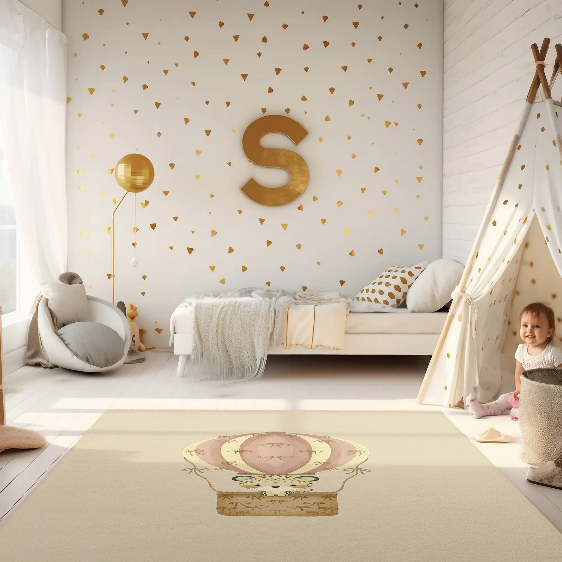 Kinderteppich "Leopard im Heißluftballon" von spielzwerg. RUG-00008-XL, RUG-00008-L.