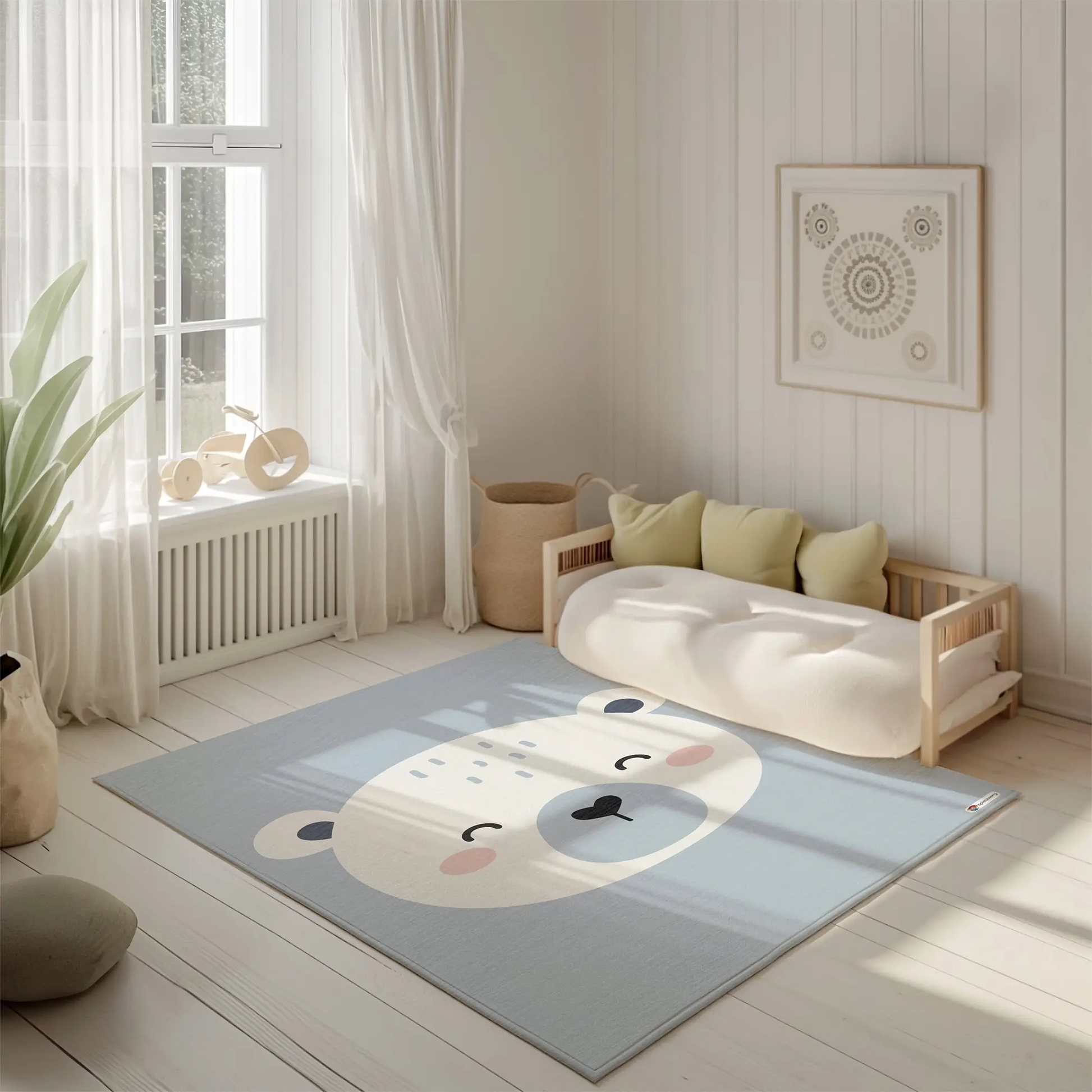 Kinderteppich "Knuffiger Eisbär" von spielzwerg. Ambientebild von einem hellen, freundlichen Kinderzimmer mit weißen Holzwänden und hellem Holzboden. In der Ecke steht ein niedriges Holzbett mit weißen Decken und hellgrünen Kissen. Davor liegt der Teppich. Links steht ein kleines Holzspielzeugrad am Fenster mit weißen Vorhängen. An der Wand hängt ein gerahmtes Bild mit einem dezenten, kreisförmigen Muster. RUG-00153-XL, RUG-00153-L.