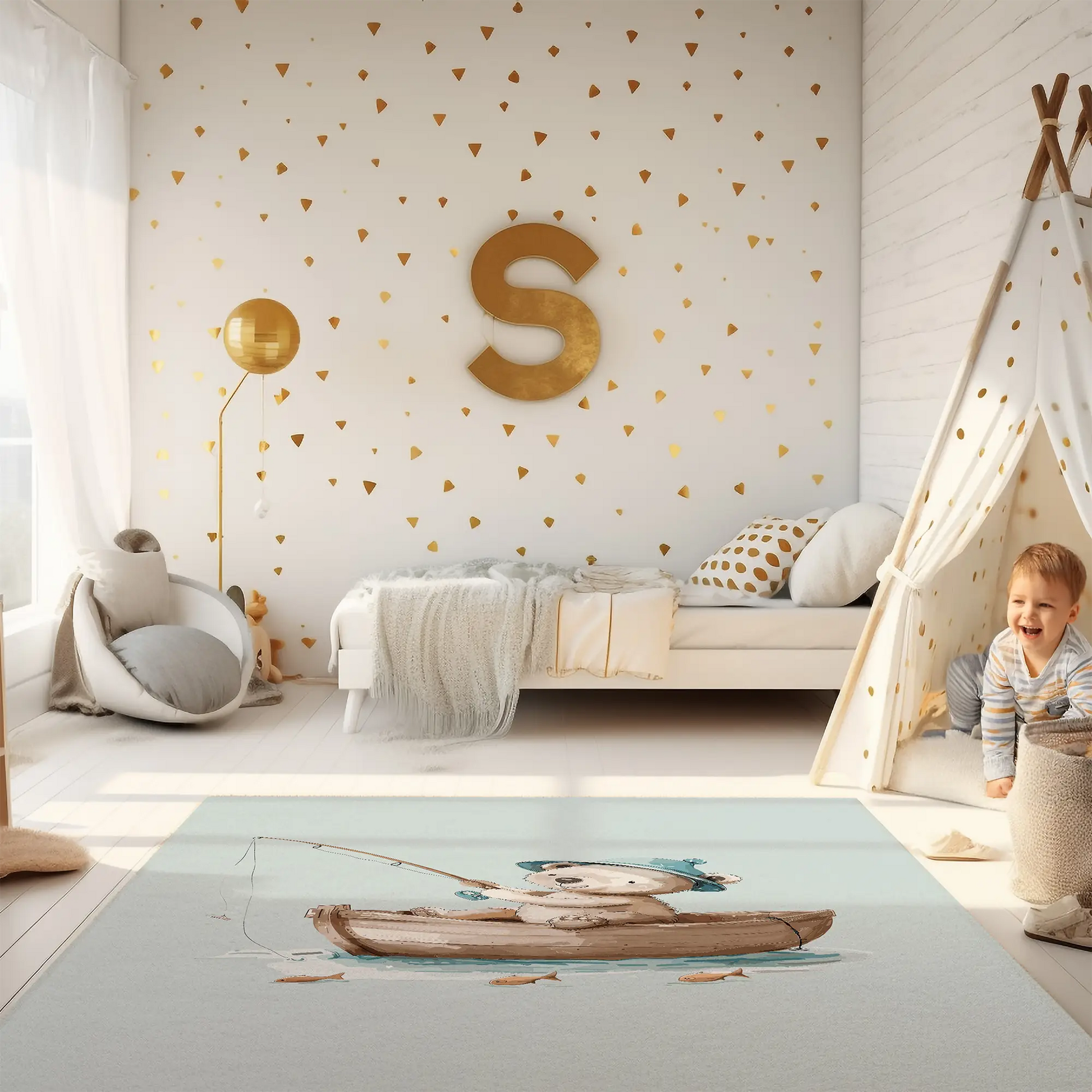 Kinderteppich "Angler-Bär" von spielzwerg. Ambientebild von einem hellen Kinderzimmer mit weißem Holzboden und weißen Wänden, dekoriert mit goldenen Dreiecken und einem großen goldenen Buchstaben 'S'. Links steht ein gemütlicher Sessel mit Kissen und Decke, daneben eine goldene Stehlampe. In der Mitte liegt der Teppich. Rechts sitzt ein lachender Junge in einem weißen Spielzelt mit goldenen Punkten. Im Hintergrund ein schlichtes Bett mit weißer Decke und goldenen Akzenten. RUG-00034-XL, RUG-00034-L.