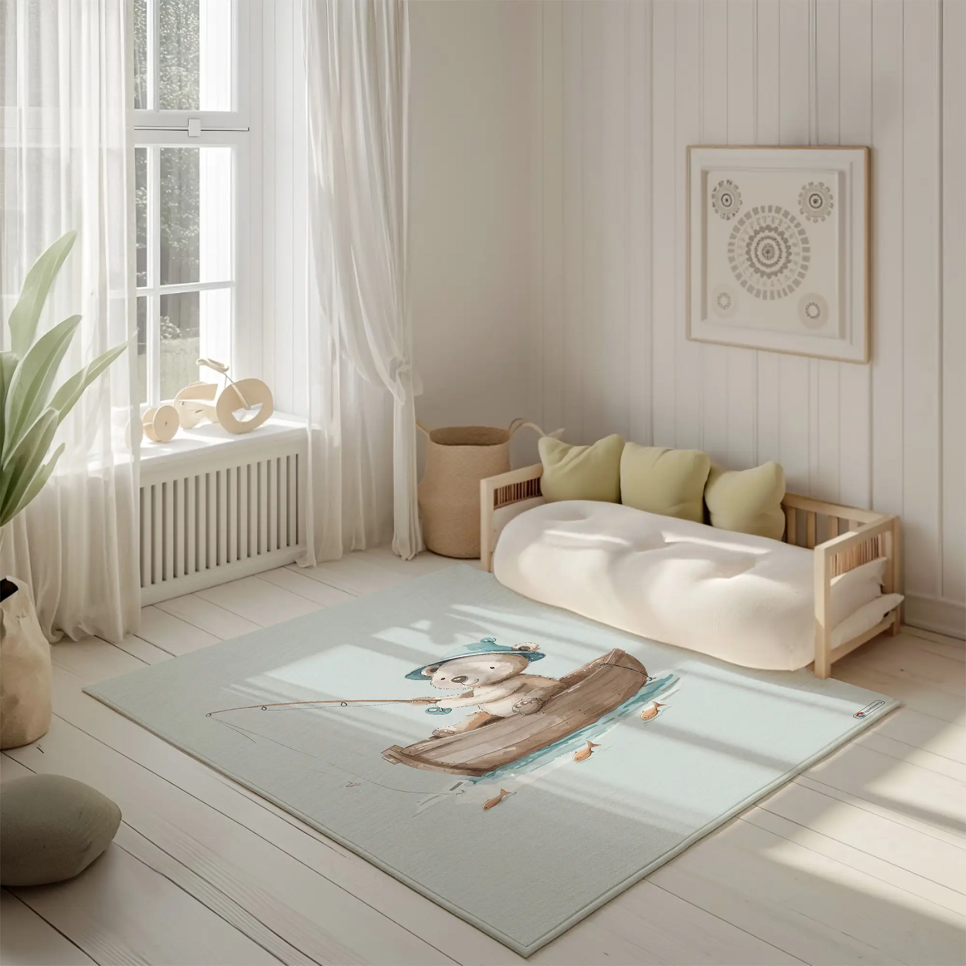 Kinderteppich "Angler-Bär" von spielzwerg. Ambientebild von einem hellen, freundlichen Kinderzimmer mit weißen Holzwänden und hellem Holzboden. In der Ecke steht ein niedriges Holzbett mit weißen Decken und hellgrünen Kissen. Davor liegt der Teppich. Links steht ein kleines Holzspielzeugrad am Fenster mit weißen Vorhängen. An der Wand hängt ein gerahmtes Bild mit einem dezenten, kreisförmigen Muster. RUG-00034-XL, RUG-00034-L.