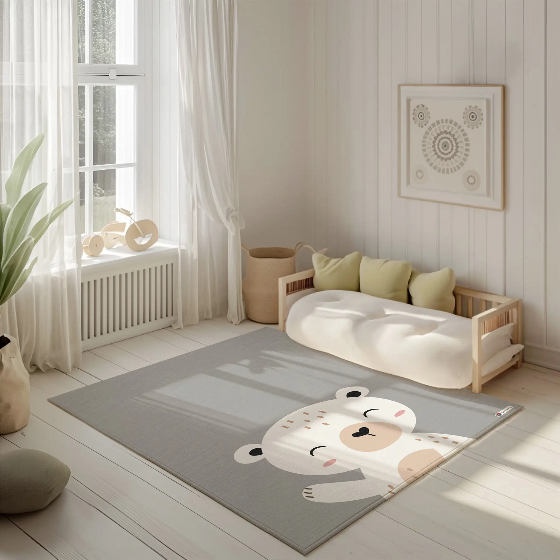 Kinderteppich "Eli Eisbär" von spielzwerg. Ambientebild von einem hellen, freundlichen Kinderzimmer mit weißen Holzwänden und hellem Holzboden. In der Ecke steht ein niedriges Holzbett mit weißen Decken und hellgrünen Kissen. Davor liegt der Teppich. Links steht ein kleines Holzspielzeugrad am Fenster mit weißen Vorhängen. An der Wand hängt ein gerahmtes Bild mit einem dezenten, kreisförmigen Muster. RUG-00123-XL, RUG-00123-L.