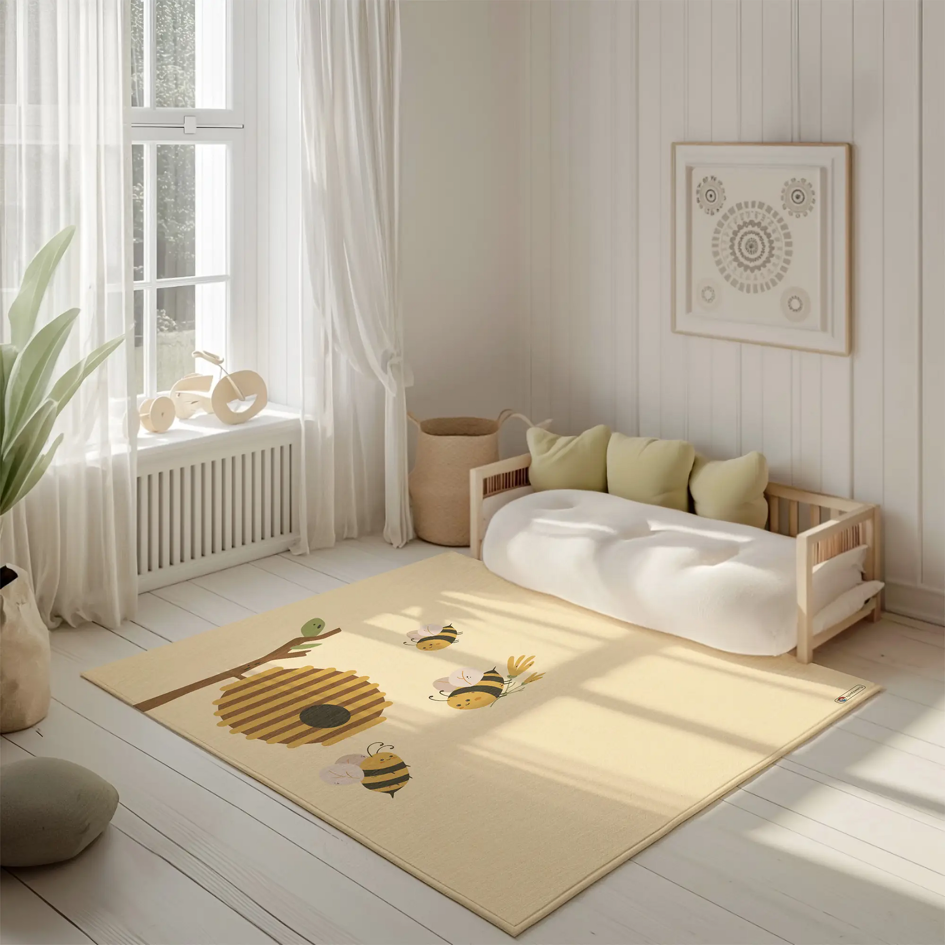 Kinderteppich "Bienennest" von spielzwerg. Ambientebild von einem hellen, freundlichen Kinderzimmer mit weißen Holzwänden und hellem Holzboden. In der Ecke steht ein niedriges Holzbett mit weißen Decken und hellgrünen Kissen. Davor liegt der Teppich. Links steht ein kleines Holzspielzeugrad am Fenster mit weißen Vorhängen. An der Wand hängt ein gerahmtes Bild mit einem dezenten, kreisförmigen Muster. RUG-00047-XL, RUG-00047-L.