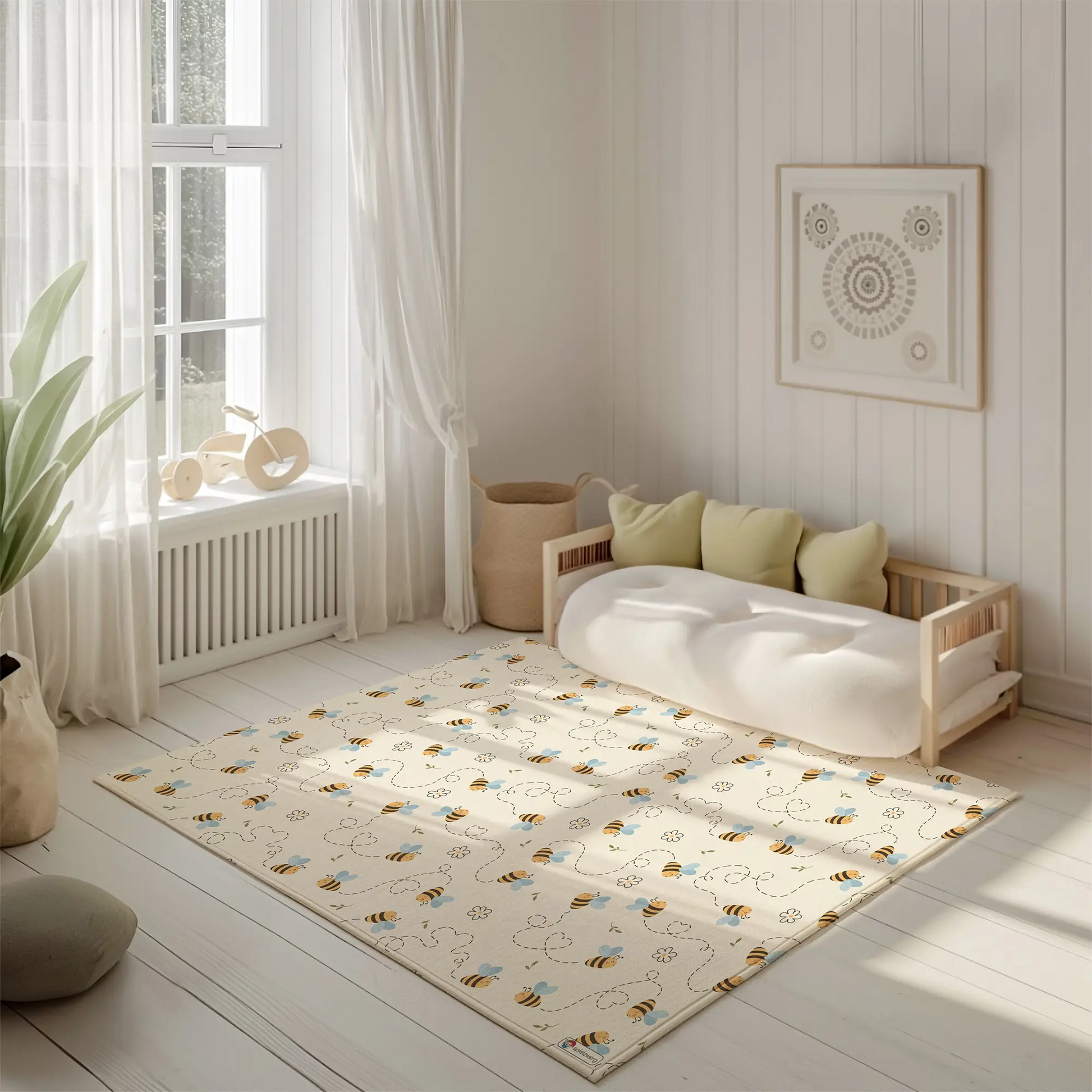 Kinderteppich "Bienchen Summ" von spielzwerg. Ambientebild von einem hellen, freundlichen Kinderzimmer mit weißen Holzwänden und hellem Holzboden. In der Ecke steht ein niedriges Holzbett mit weißen Decken und hellgrünen Kissen. Davor liegt der Teppich. Links steht ein kleines Holzspielzeugrad am Fenster mit weißen Vorhängen. An der Wand hängt ein gerahmtes Bild mit einem dezenten, kreisförmigen Muster. RUG-00084-XL, RUG-00084-L.