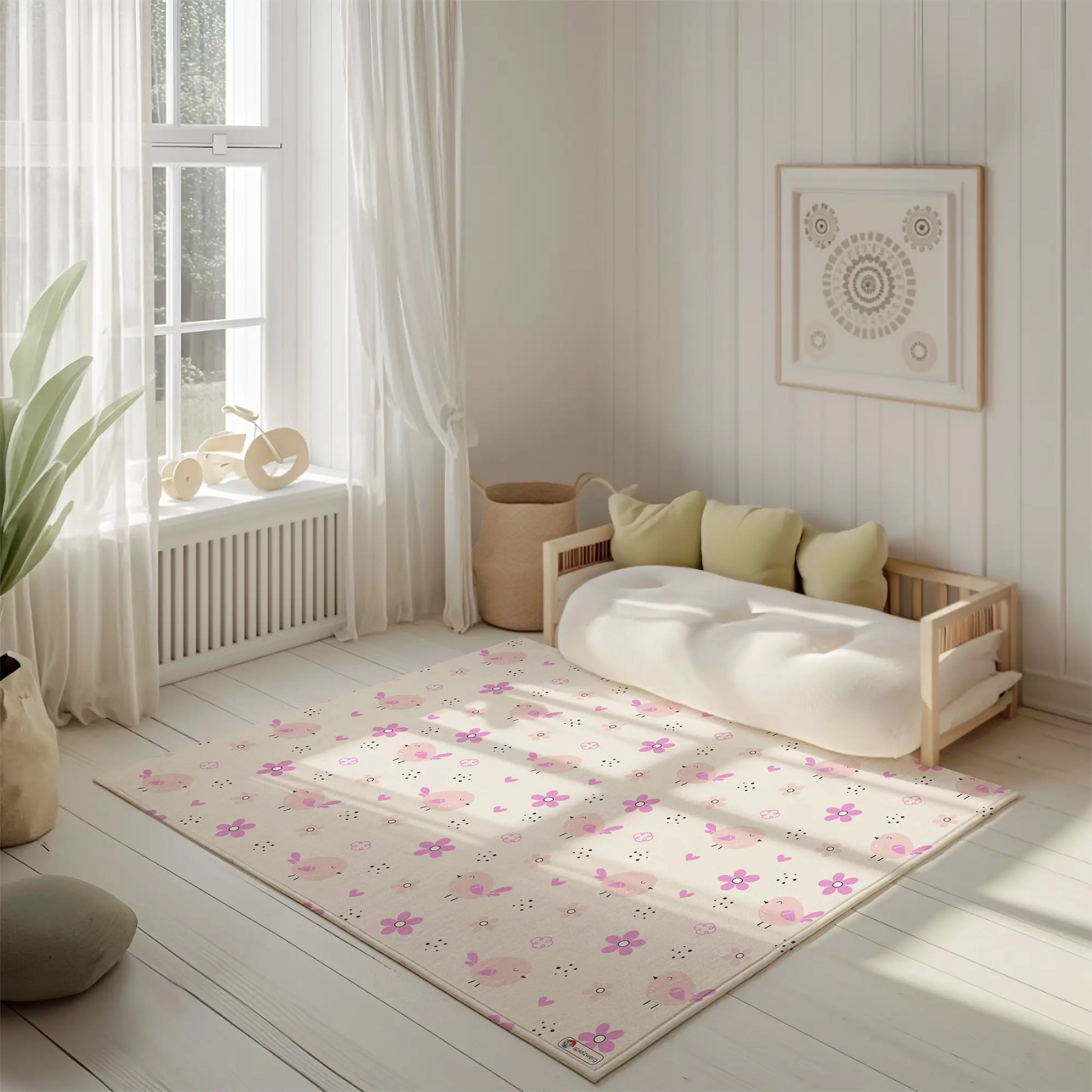 Kinderteppich "Vogelgesang" von spielzwerg. Ambientebild von einem hellen, freundlichen Kinderzimmer mit weißen Holzwänden und hellem Holzboden. In der Ecke steht ein niedriges Holzbett mit weißen Decken und hellgrünen Kissen. Davor liegt der Teppich. Links steht ein kleines Holzspielzeugrad am Fenster mit weißen Vorhängen. An der Wand hängt ein gerahmtes Bild mit einem dezenten, kreisförmigen Muster. RUG-00065-XL, RUG-00065-L.