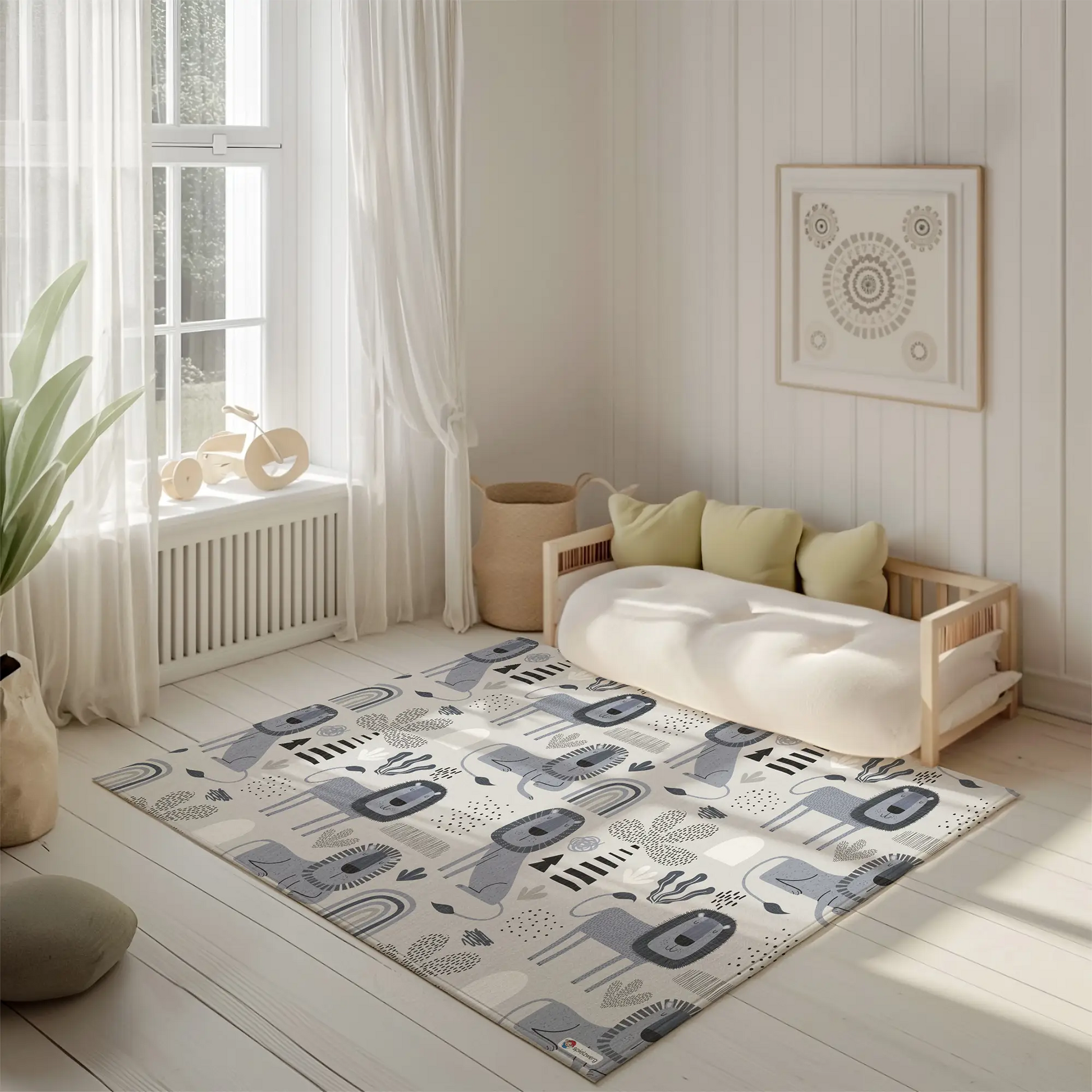 Kinderteppich "Löwenrudel" von spielzwerg. Ambientebild von einem hellen, freundlichen Kinderzimmer mit weißen Holzwänden und hellem Holzboden. In der Ecke steht ein niedriges Holzbett mit weißen Decken und hellgrünen Kissen. Davor liegt der Teppich. Links steht ein kleines Holzspielzeugrad am Fenster mit weißen Vorhängen. An der Wand hängt ein gerahmtes Bild mit einem dezenten, kreisförmigen Muster. RUG-00083-XL, RUG-00083-L.