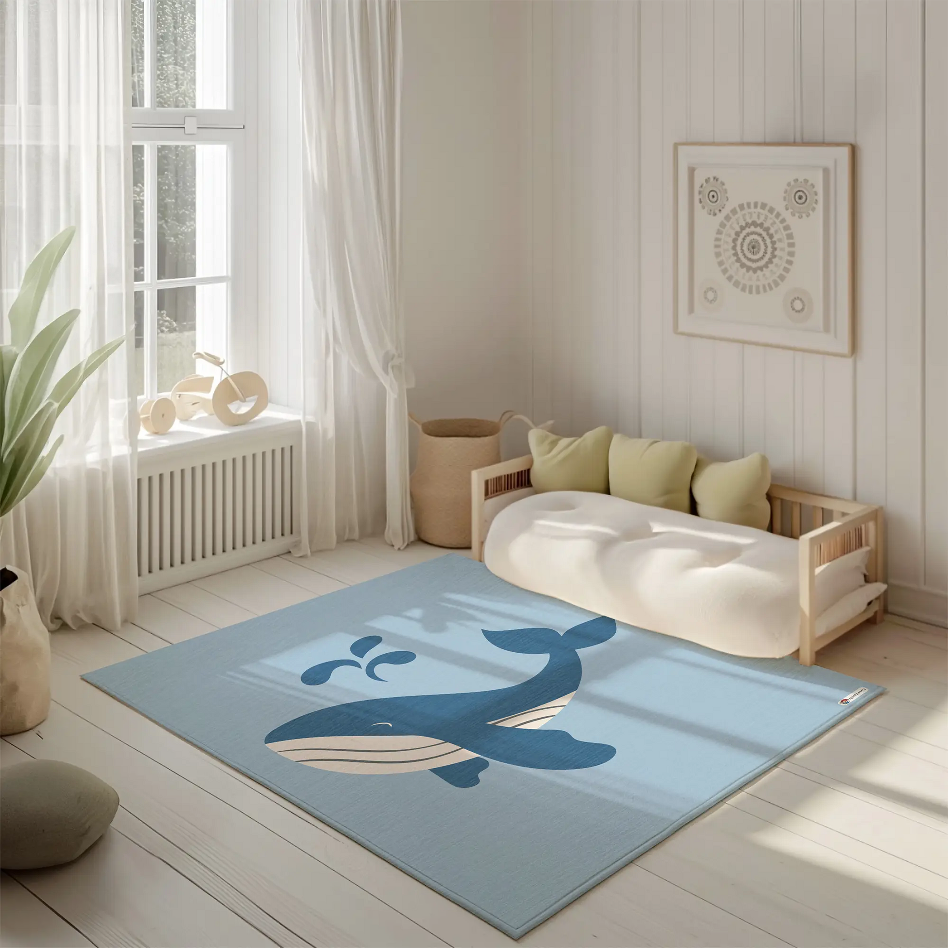 Kinderteppich "Blauwal" von spielzwerg. Ambientebild von einem hellen, freundlichen Kinderzimmer mit weißen Holzwänden und hellem Holzboden. In der Ecke steht ein niedriges Holzbett mit weißen Decken und hellgrünen Kissen. Davor liegt der Teppich. Links steht ein kleines Holzspielzeugrad am Fenster mit weißen Vorhängen. An der Wand hängt ein gerahmtes Bild mit einem dezenten, kreisförmigen Muster. RUG-00206-XL, RUG-00206-L.