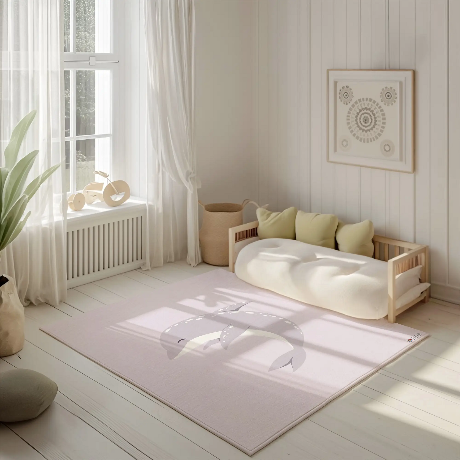 Kinderteppich "Felina" von spielzwerg. Ambientebild von einem hellen, freundlichen Kinderzimmer mit weißen Holzwänden und hellem Holzboden. In der Ecke steht ein niedriges Holzbett mit weißen Decken und hellgrünen Kissen. Davor liegt der Teppich. Links steht ein kleines Holzspielzeugrad am Fenster mit weißen Vorhängen. An der Wand hängt ein gerahmtes Bild mit einem dezenten, kreisförmigen Muster. RUG-00205-XL, RUG-00205-L.