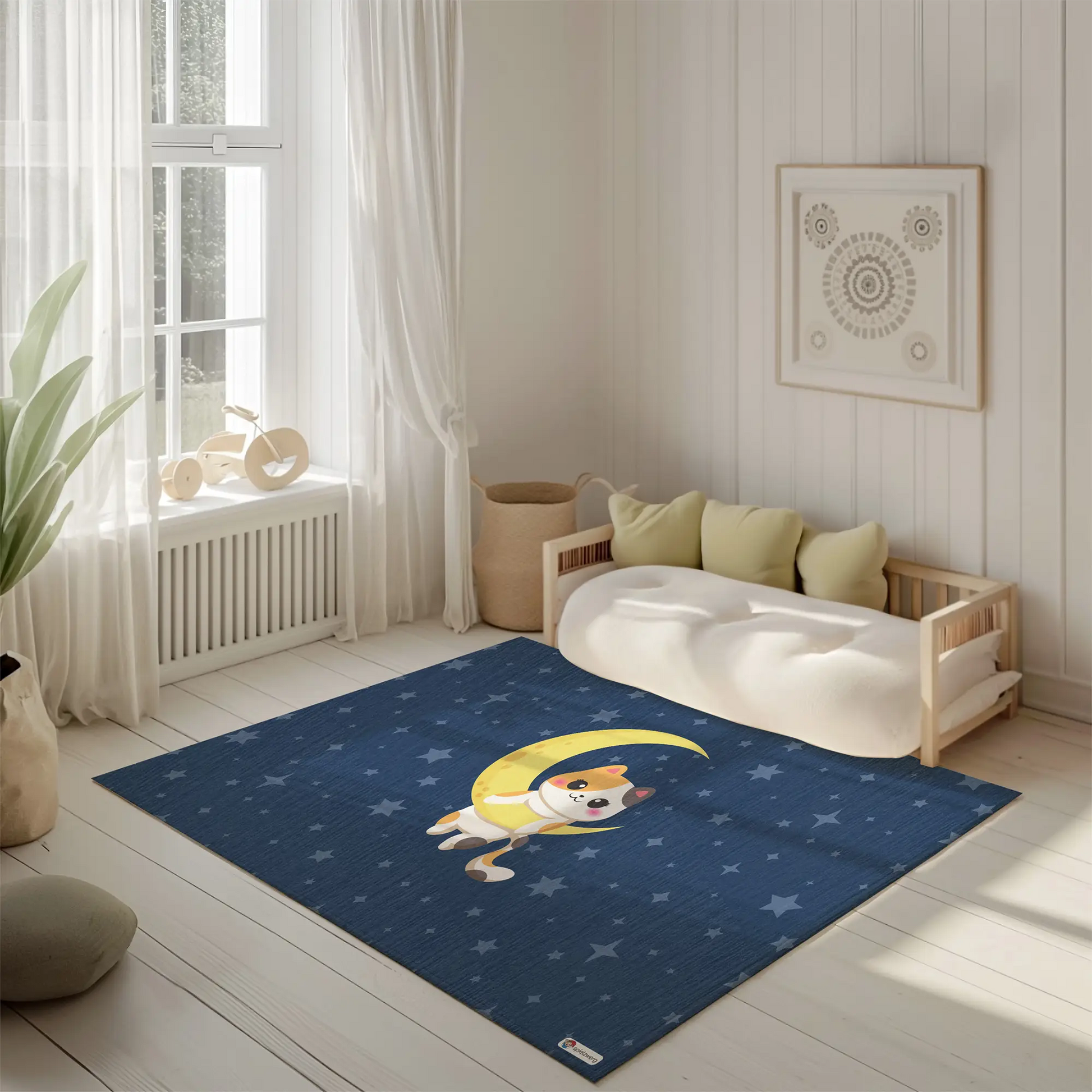 Kinderteppich "Kim Katze" von spielzwerg. Ambientebild von einem hellen, freundlichen Kinderzimmer mit weißen Holzwänden und hellem Holzboden. In der Ecke steht ein niedriges Holzbett mit weißen Decken und hellgrünen Kissen. Davor liegt der Teppich. Links steht ein kleines Holzspielzeugrad am Fenster mit weißen Vorhängen. An der Wand hängt ein gerahmtes Bild mit einem dezenten, kreisförmigen Muster. RUG-00144-XL, RUG-00144-L.