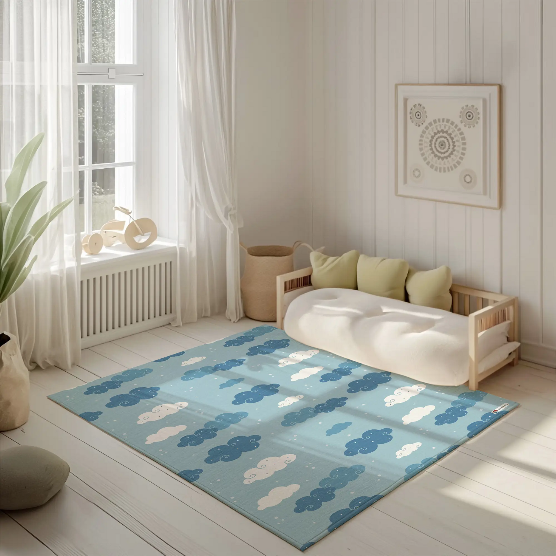 Kinderteppich "Wolkendecke" von spielzwerg. Ambientebild von einem hellen, freundlichen Kinderzimmer mit weißen Holzwänden und hellem Holzboden. In der Ecke steht ein niedriges Holzbett mit weißen Decken und hellgrünen Kissen. Davor liegt der Teppich. Links steht ein kleines Holzspielzeugrad am Fenster mit weißen Vorhängen. An der Wand hängt ein gerahmtes Bild mit einem dezenten, kreisförmigen Muster. RUG-00045-XL, RUG-00045-L.