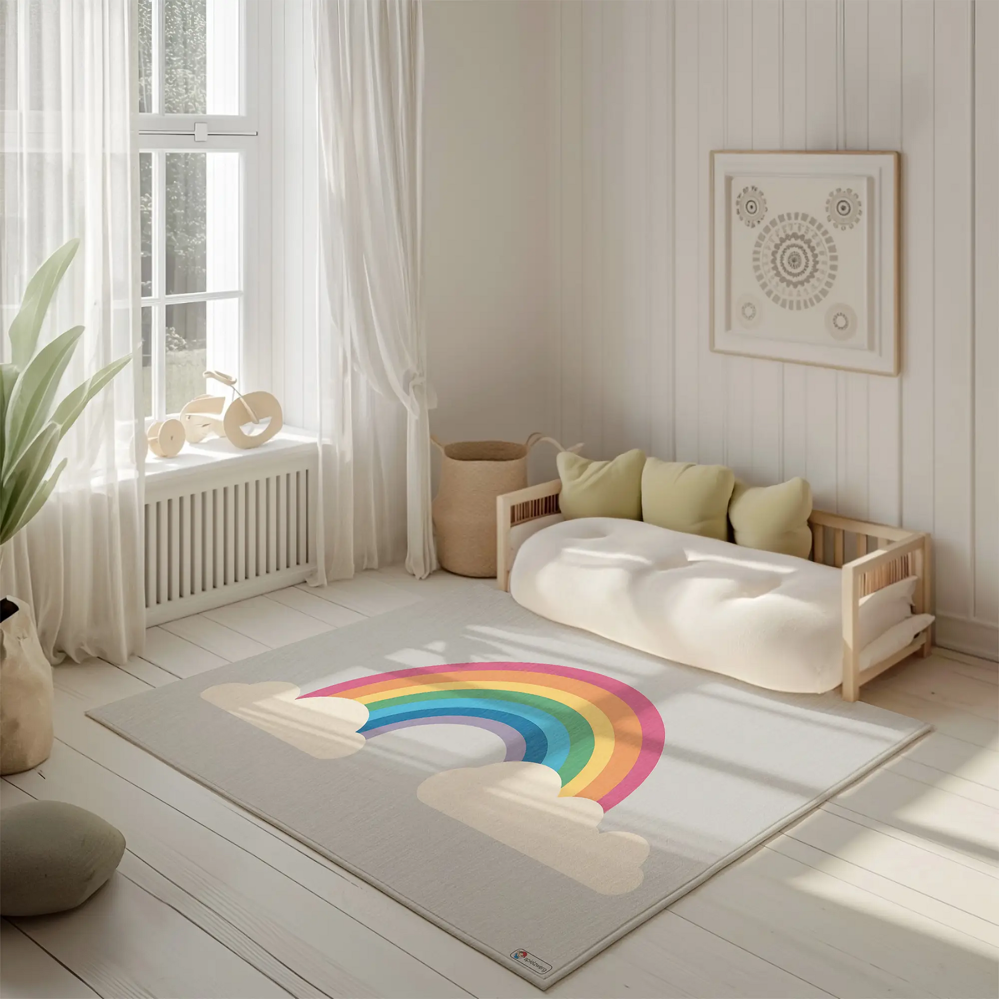 Kinderteppich "Bunter Regenbogen" von spielzwerg. Ambientebild von einem hellen, freundlichen Kinderzimmer mit weißen Holzwänden und hellem Holzboden. In der Ecke steht ein niedriges Holzbett mit weißen Decken und hellgrünen Kissen. Davor liegt der Teppich. Links steht ein kleines Holzspielzeugrad am Fenster mit weißen Vorhängen. An der Wand hängt ein gerahmtes Bild mit einem dezenten, kreisförmigen Muster. RUG-00204-XL, RUG-00204-L.