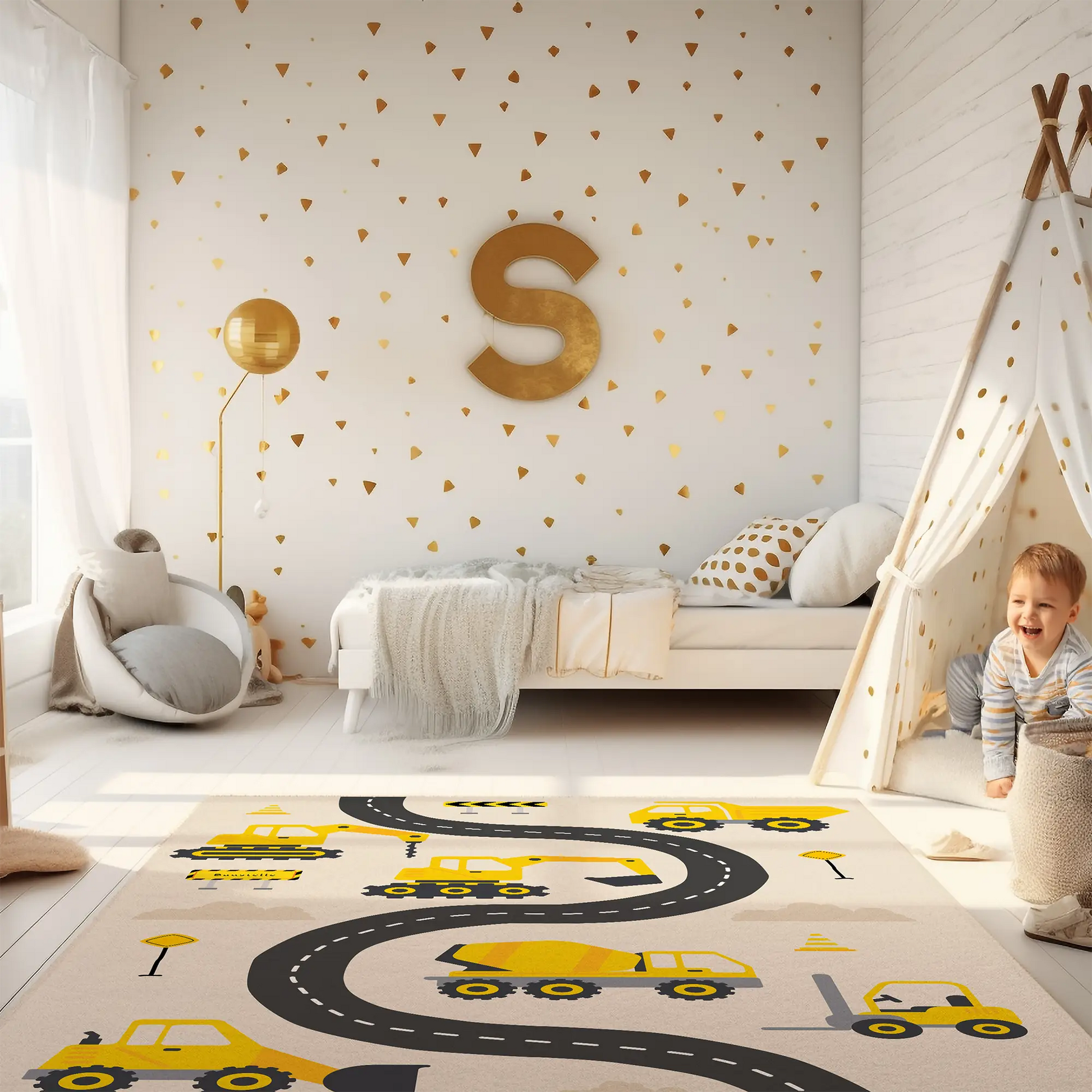 Spielteppich "Baustellenstraße" von spielzwerg. Ambientebild von einem hellen Kinderzimmer mit weißem Holzboden und weißen Wänden, dekoriert mit goldenen Dreiecken und einem großen goldenen Buchstaben 'S'. Links steht ein gemütlicher Sessel mit Kissen und Decke, daneben eine goldene Stehlampe. In der Mitte liegt der Teppich. Rechts sitzt ein lachender Junge in einem weißen Spielzelt mit goldenen Punkten. Im Hintergrund ein schlichtes Bett mit weißer Decke und goldenen Akzenten. RUG-00203-XL, RUG-00203-L.
