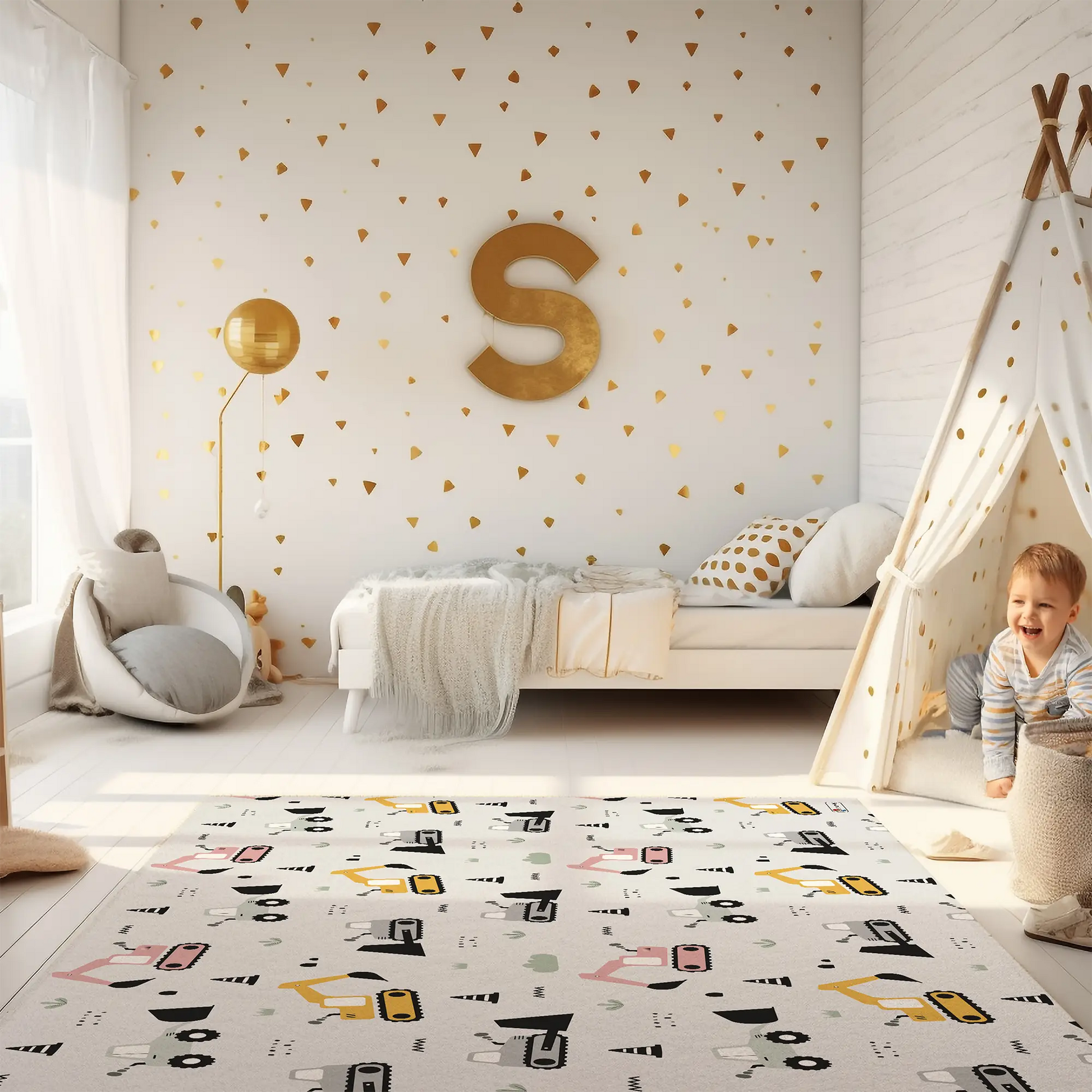 Kinderteppich "Bunte Bagger" von spielzwerg. Ambientebild von einem hellen Kinderzimmer mit weißem Holzboden und weißen Wänden, dekoriert mit goldenen Dreiecken und einem großen goldenen Buchstaben 'S'. Links steht ein gemütlicher Sessel mit Kissen und Decke, daneben eine goldene Stehlampe. In der Mitte liegt der Teppich. Rechts sitzt ein lachender Junge in einem weißen Spielzelt mit goldenen Punkten. Im Hintergrund ein schlichtes Bett mit weißer Decke und goldenen Akzenten. RUG-00125-XL, RUG-00125-L.