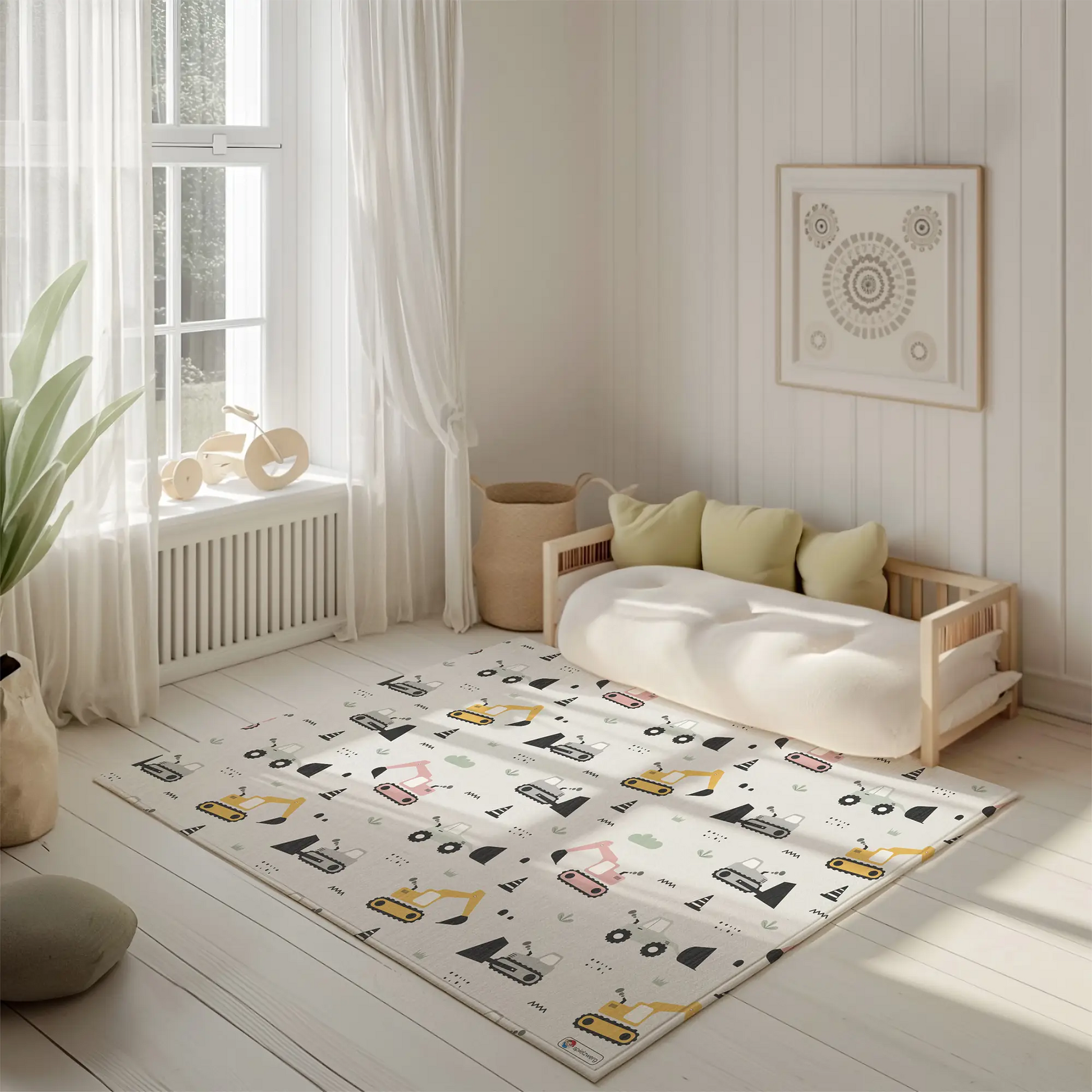 Kinderteppich "Bunte Bagger" von spielzwerg. Ambientebild von einem hellen, freundlichen Kinderzimmer mit weißen Holzwänden und hellem Holzboden. In der Ecke steht ein niedriges Holzbett mit weißen Decken und hellgrünen Kissen. Davor liegt der Teppich. Links steht ein kleines Holzspielzeugrad am Fenster mit weißen Vorhängen. An der Wand hängt ein gerahmtes Bild mit einem dezenten, kreisförmigen Muster. RUG-00125-XL, RUG-00125-L.