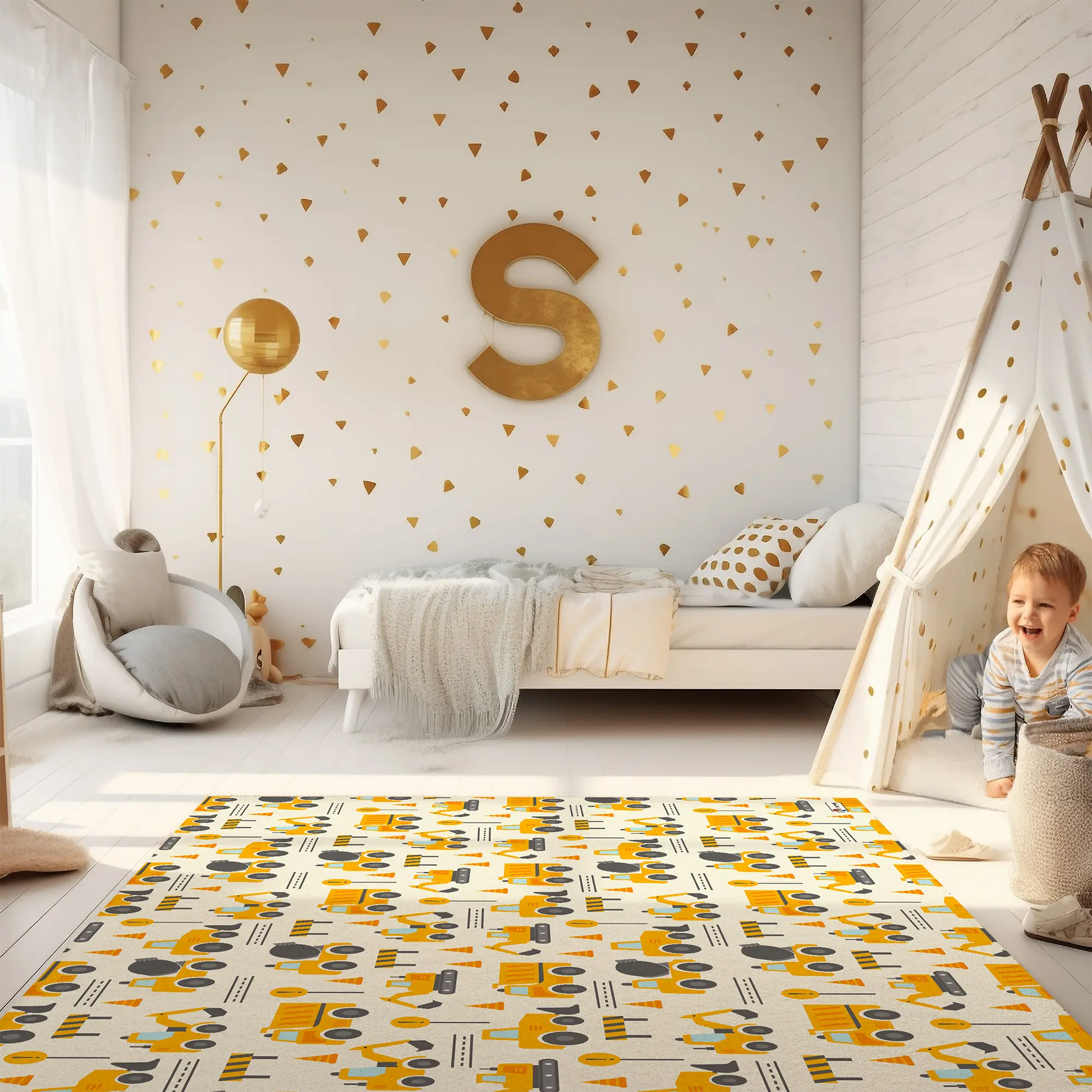 Kinderteppich "Baustellenchaos" von spielzwerg. Ambientebild von einem hellen Kinderzimmer mit weißem Holzboden und weißen Wänden, dekoriert mit goldenen Dreiecken und einem großen goldenen Buchstaben 'S'. Links steht ein gemütlicher Sessel mit Kissen und Decke, daneben eine goldene Stehlampe. In der Mitte liegt der Teppich. Rechts sitzt ein lachender Junge in einem weißen Spielzelt mit goldenen Punkten. Im Hintergrund ein schlichtes Bett mit weißer Decke und goldenen Akzenten. RUG-00069-XL, RUG-00069-L.