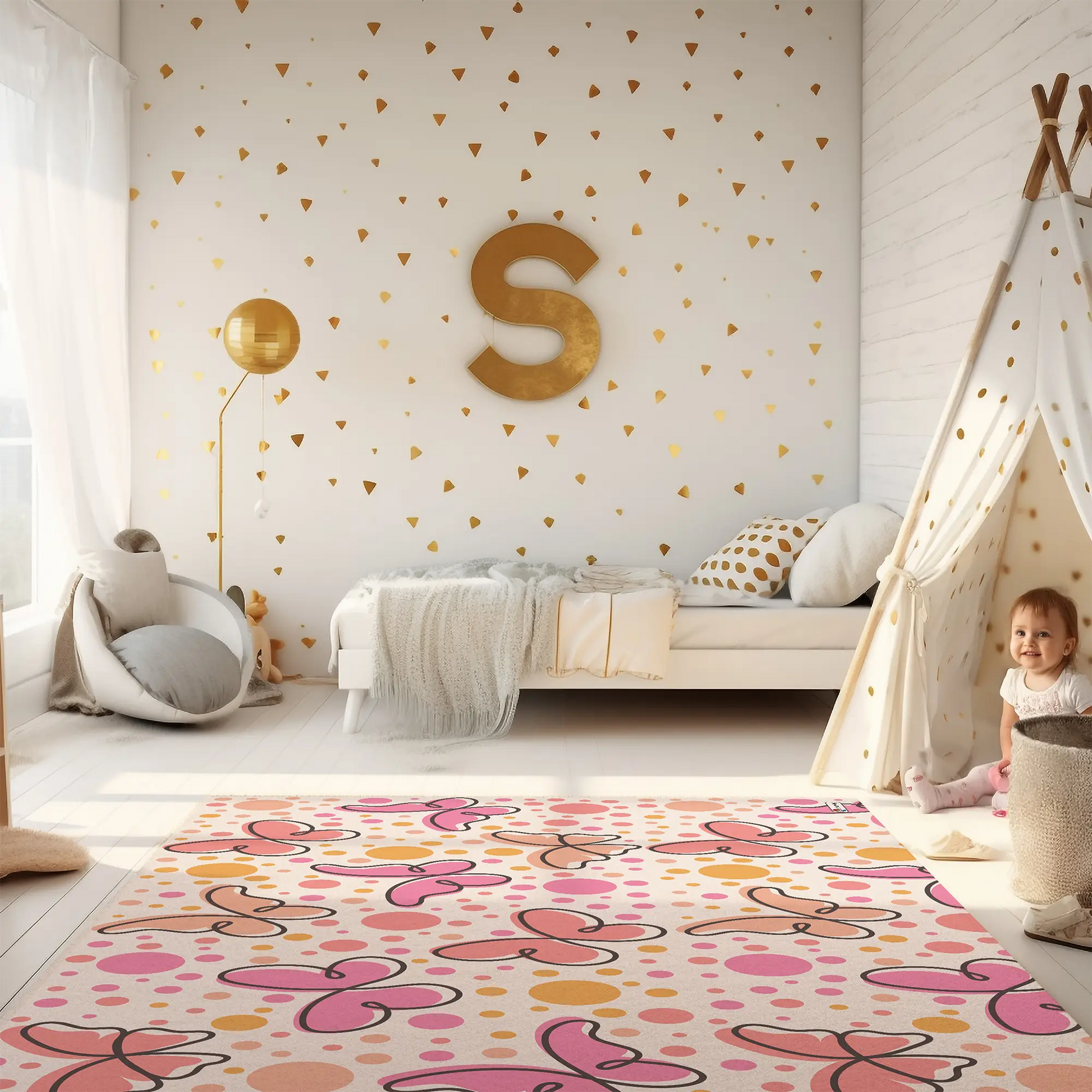 Kinderteppich "Schmetterlinge mit Punkten" von spielzwerg. RUG-00063-XL, RUG-00063-L.