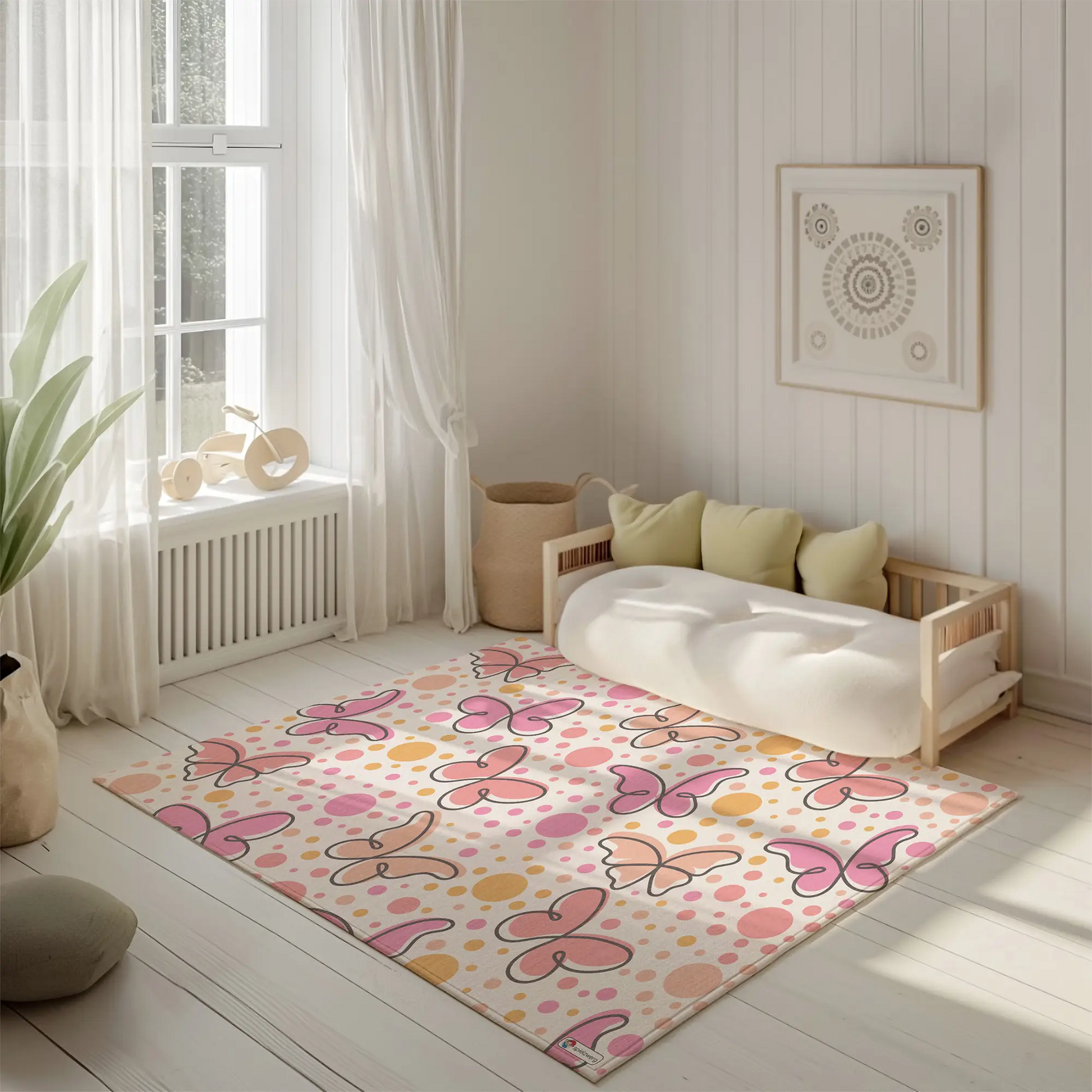 Kinderteppich "Schmetterlinge mit Punkten" von spielzwerg. Ambientebild von einem hellen, freundlichen Kinderzimmer mit weißen Holzwänden und hellem Holzboden. In der Ecke steht ein niedriges Holzbett mit weißen Decken und hellgrünen Kissen. Davor liegt der Teppich. Links steht ein kleines Holzspielzeugrad am Fenster mit weißen Vorhängen. An der Wand hängt ein gerahmtes Bild mit einem dezenten, kreisförmigen Muster. RUG-00063-XL, RUG-00063-L.
