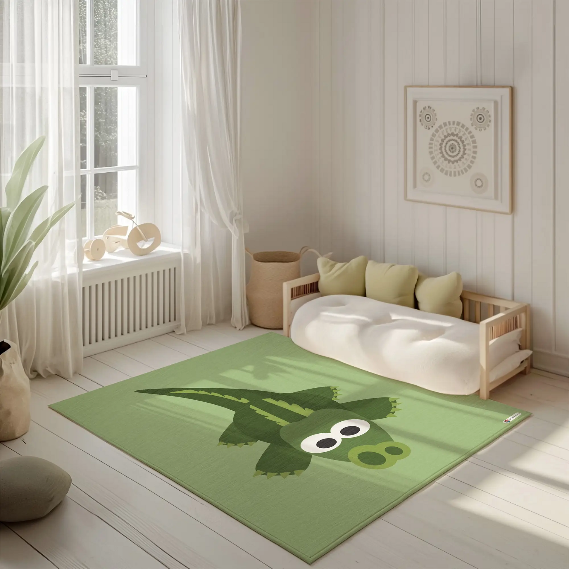 Kinderteppich "Kroko" von spielzwerg. Ambientebild von einem hellen, freundlichen Kinderzimmer mit weißen Holzwänden und hellem Holzboden. In der Ecke steht ein niedriges Holzbett mit weißen Decken und hellgrünen Kissen. Davor liegt der Teppich. Links steht ein kleines Holzspielzeugrad am Fenster mit weißen Vorhängen. An der Wand hängt ein gerahmtes Bild mit einem dezenten, kreisförmigen Muster. RUG-00202-XL, RUG-00202-L.
