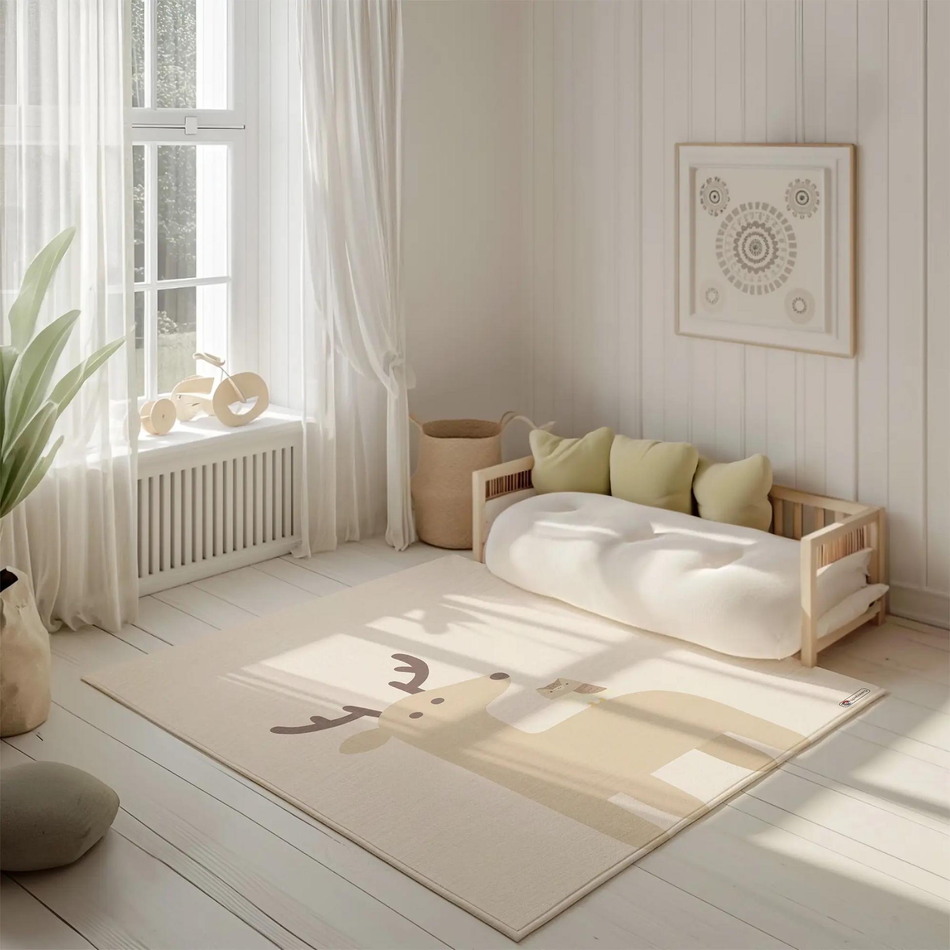 Kinderteppich "Felix" von spielzwerg. Ambientebild von einem hellen, freundlichen Kinderzimmer mit weißen Holzwänden und hellem Holzboden. In der Ecke steht ein niedriges Holzbett mit weißen Decken und hellgrünen Kissen. Davor liegt der Teppich. Links steht ein kleines Holzspielzeugrad am Fenster mit weißen Vorhängen. An der Wand hängt ein gerahmtes Bild mit einem dezenten, kreisförmigen Muster. RUG-00061-XL, RUG-00061-L.