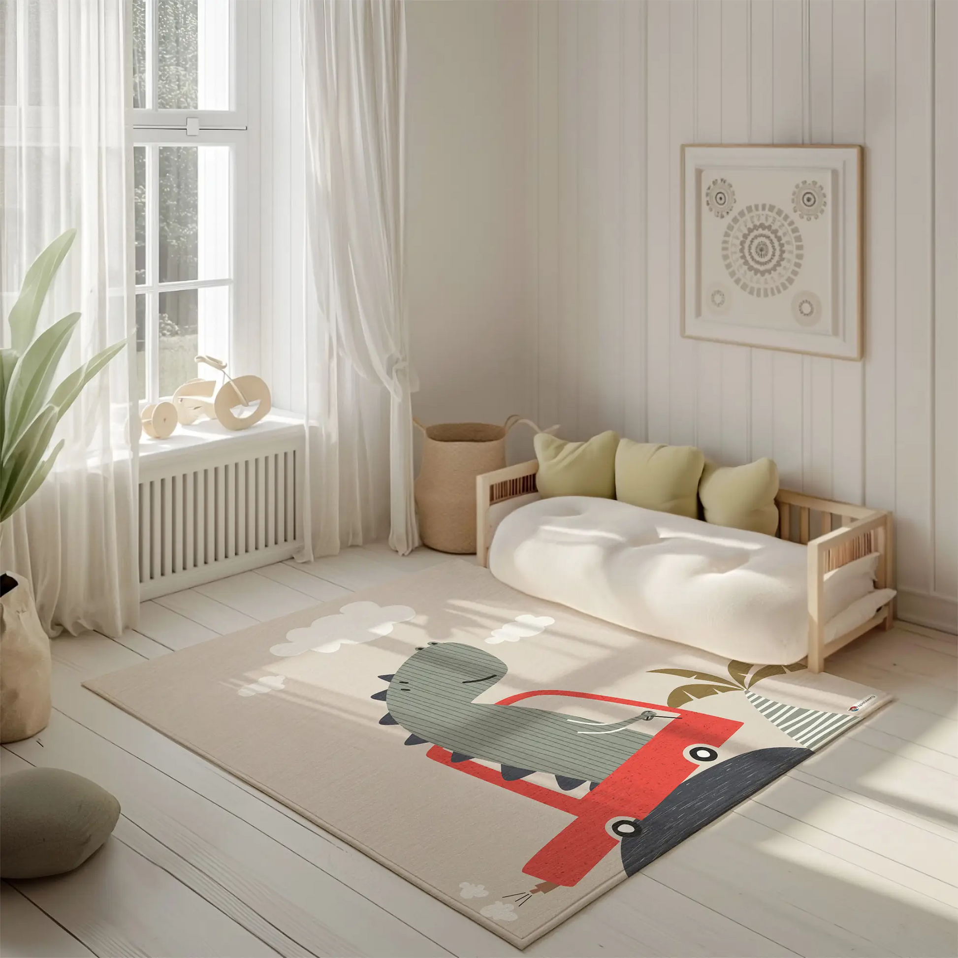 Kinderteppich "Dino im Auto" von spielzwerg. Ambientebild von einem hellen, freundlichen Kinderzimmer mit weißen Holzwänden und hellem Holzboden. In der Ecke steht ein niedriges Holzbett mit weißen Decken und hellgrünen Kissen. Davor liegt der Teppich. Links steht ein kleines Holzspielzeugrad am Fenster mit weißen Vorhängen. An der Wand hängt ein gerahmtes Bild mit einem dezenten, kreisförmigen Muster. RUG-00030-XL, RUG-00030-L.
