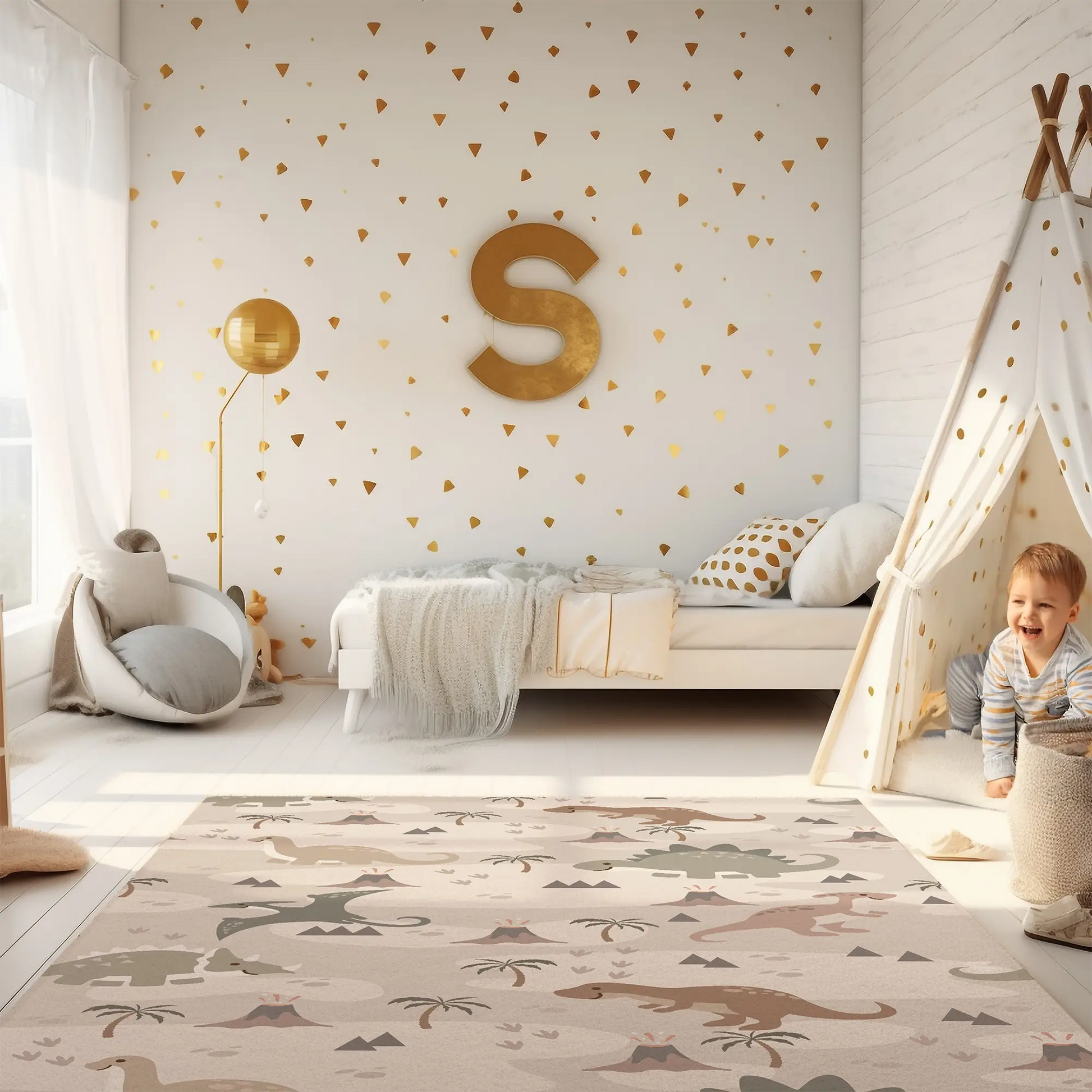 Kinderteppich "Dino-Landschaft" von spielzwerg. Ambientebild von einem hellen Kinderzimmer mit weißem Holzboden und weißen Wänden, dekoriert mit goldenen Dreiecken und einem großen goldenen Buchstaben 'S'. Links steht ein gemütlicher Sessel mit Kissen und Decke, daneben eine goldene Stehlampe. In der Mitte liegt der Teppich. Rechts sitzt ein lachender Junge in einem weißen Spielzelt mit goldenen Punkten. Im Hintergrund ein schlichtes Bett mit weißer Decke und goldenen Akzenten. RUG-00092-XL, RUG-00092-L.