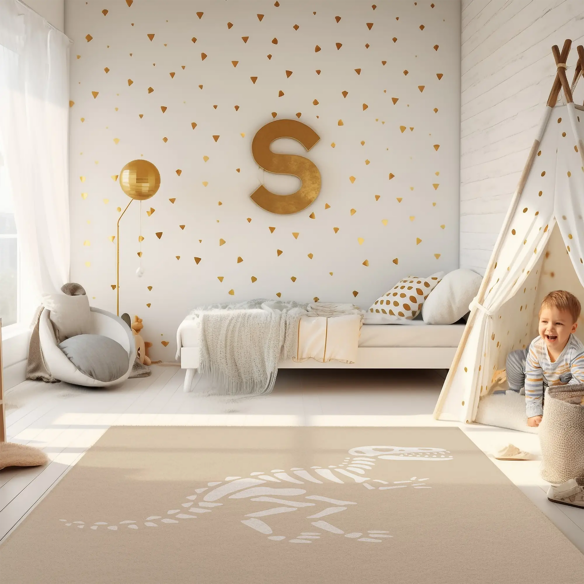 Kinderteppich "Dino-Skelett" von spielzwerg. Ambientebild von einem hellen Kinderzimmer mit weißem Holzboden und weißen Wänden, dekoriert mit goldenen Dreiecken und einem großen goldenen Buchstaben 'S'. Links steht ein gemütlicher Sessel mit Kissen und Decke, daneben eine goldene Stehlampe. In der Mitte liegt der Teppich. Rechts sitzt ein lachender Junge in einem weißen Spielzelt mit goldenen Punkten. Im Hintergrund ein schlichtes Bett mit weißer Decke und goldenen Akzenten. RUG-00174-XL, RUG-00174-L.