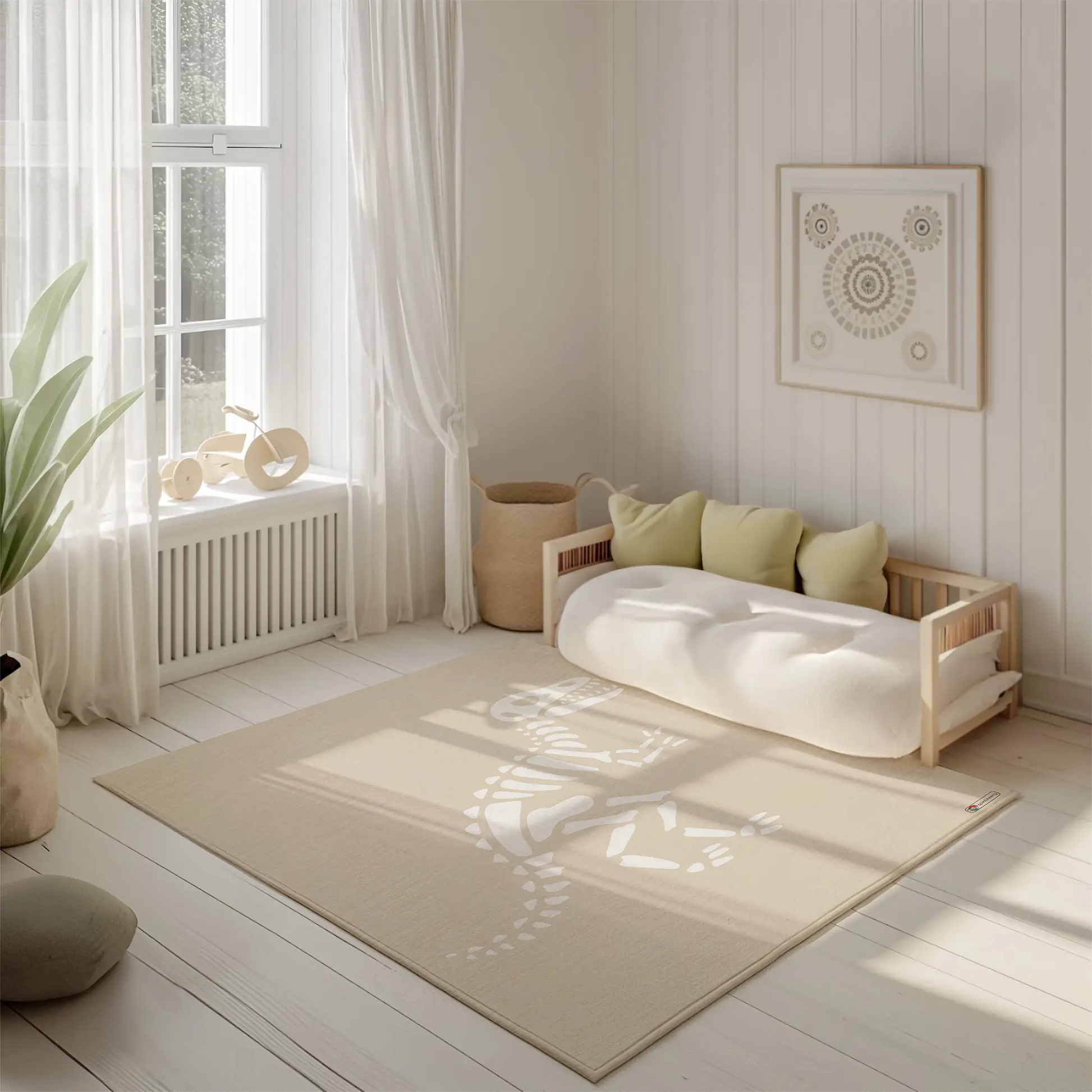 Kinderteppich "Dino-Skelett" von spielzwerg. Ambientebild von einem hellen, freundlichen Kinderzimmer mit weißen Holzwänden und hellem Holzboden. In der Ecke steht ein niedriges Holzbett mit weißen Decken und hellgrünen Kissen. Davor liegt der Teppich. Links steht ein kleines Holzspielzeugrad am Fenster mit weißen Vorhängen. An der Wand hängt ein gerahmtes Bild mit einem dezenten, kreisförmigen Muster. RUG-00174-XL, RUG-00174-L.