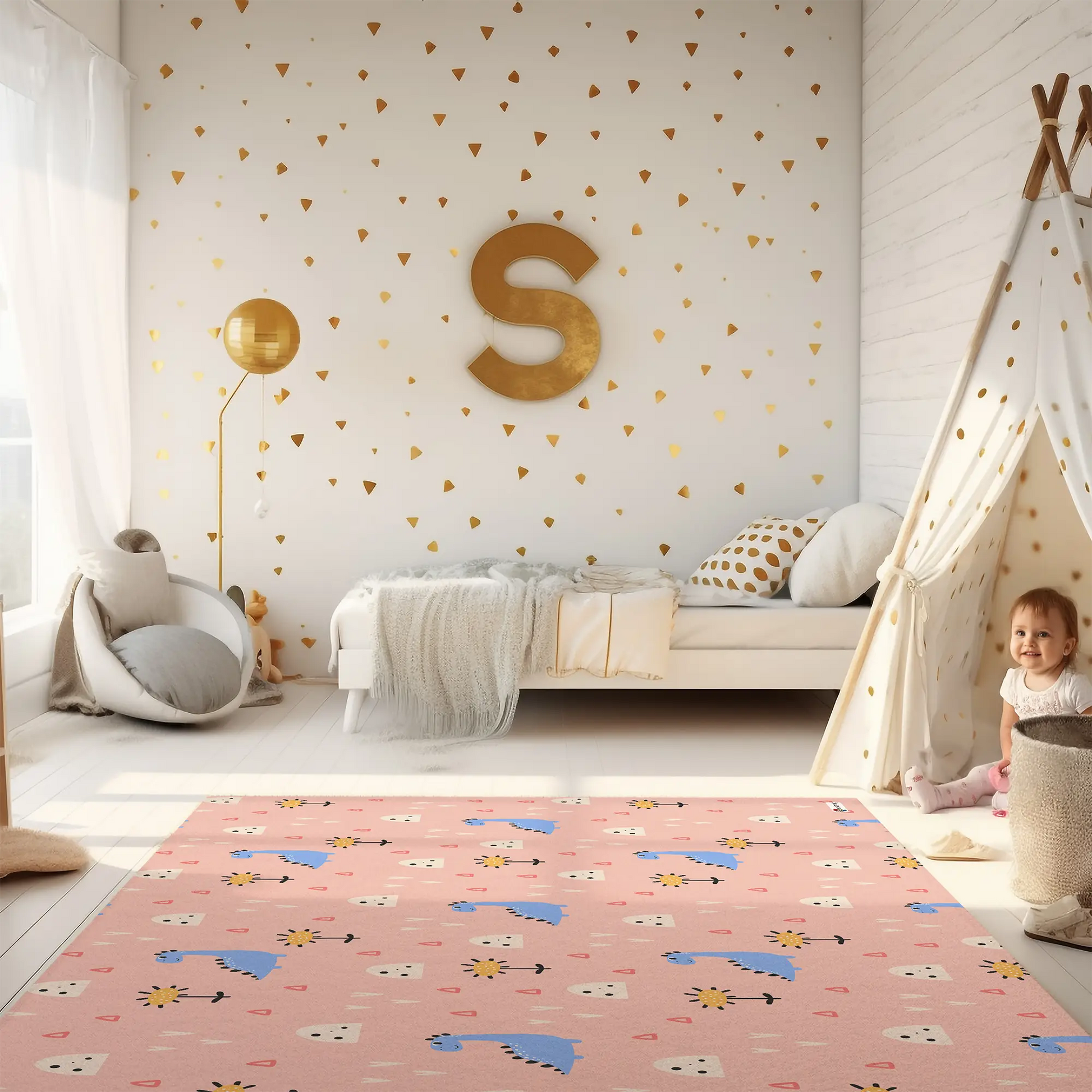 Kinderteppich „Blumige Dinos“ von spielzwerg. RUG-00157-XL, RUG-00157-L.