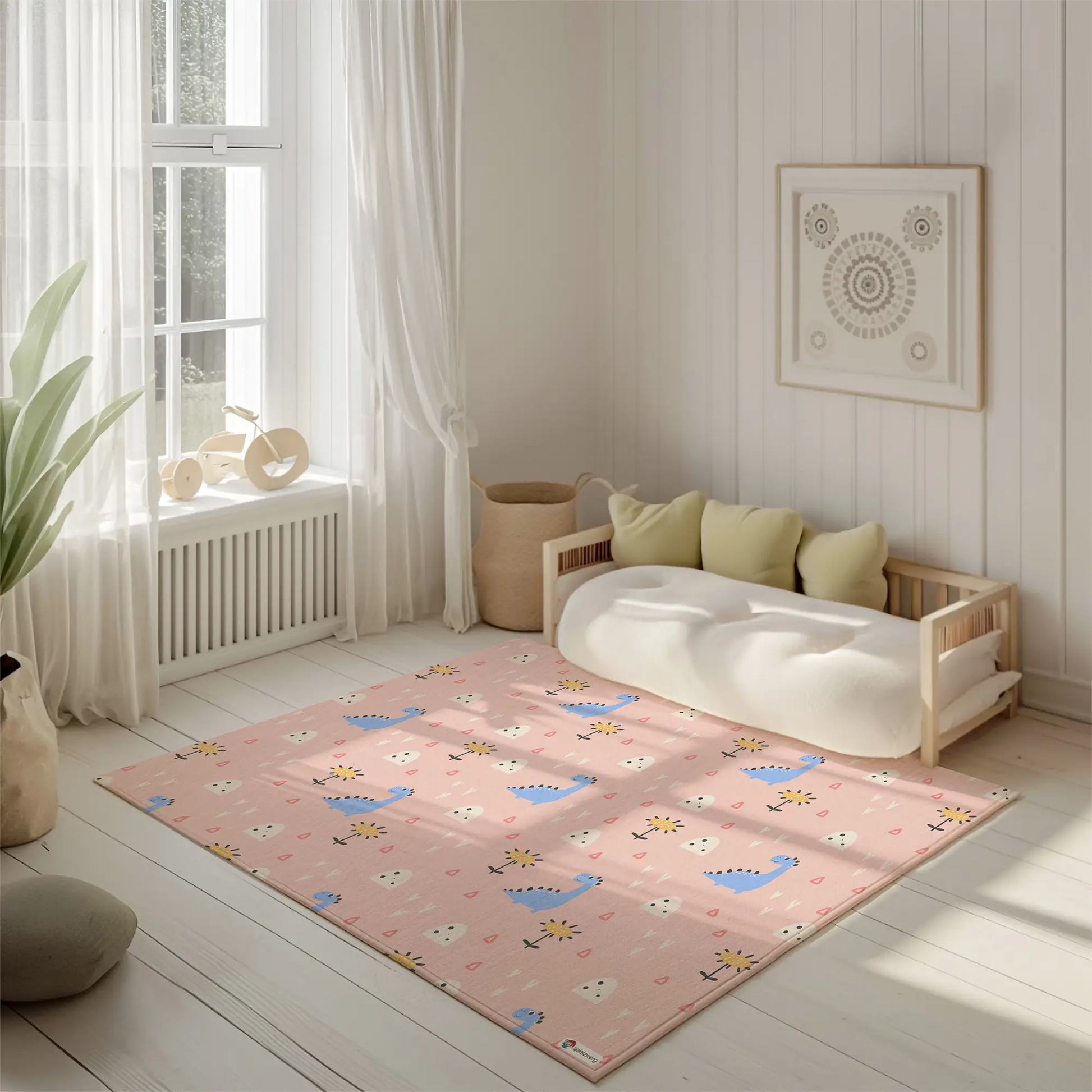Kinderteppich „Blumige Dinos“ von spielzwerg. Ambientebild von einem hellen, freundlichen Kinderzimmer mit weißen Holzwänden und hellem Holzboden. In der Ecke steht ein niedriges Holzbett mit weißen Decken und hellgrünen Kissen. Davor liegt der Teppich. Links steht ein kleines Holzspielzeugrad am Fenster mit weißen Vorhängen. An der Wand hängt ein gerahmtes Bild mit einem dezenten, kreisförmigen Muster. RUG-00157-XL, RUG-00157-L.