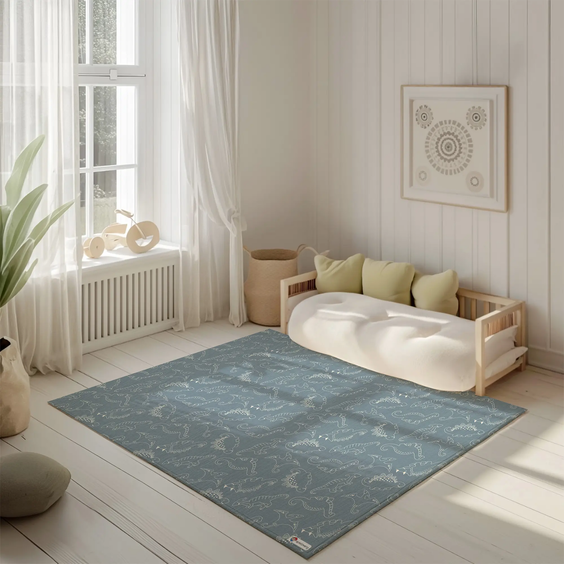 Kinderteppich "Kreidezeit" von spielzwerg. Ambientebild von einem hellen, freundlichen Kinderzimmer mit weißen Holzwänden und hellem Holzboden. In der Ecke steht ein niedriges Holzbett mit weißen Decken und hellgrünen Kissen. Davor liegt der Teppich. Links steht ein kleines Holzspielzeugrad am Fenster mit weißen Vorhängen. An der Wand hängt ein gerahmtes Bild mit einem dezenten, kreisförmigen Muster. RUG-00028-XL, RUG-00028-L.