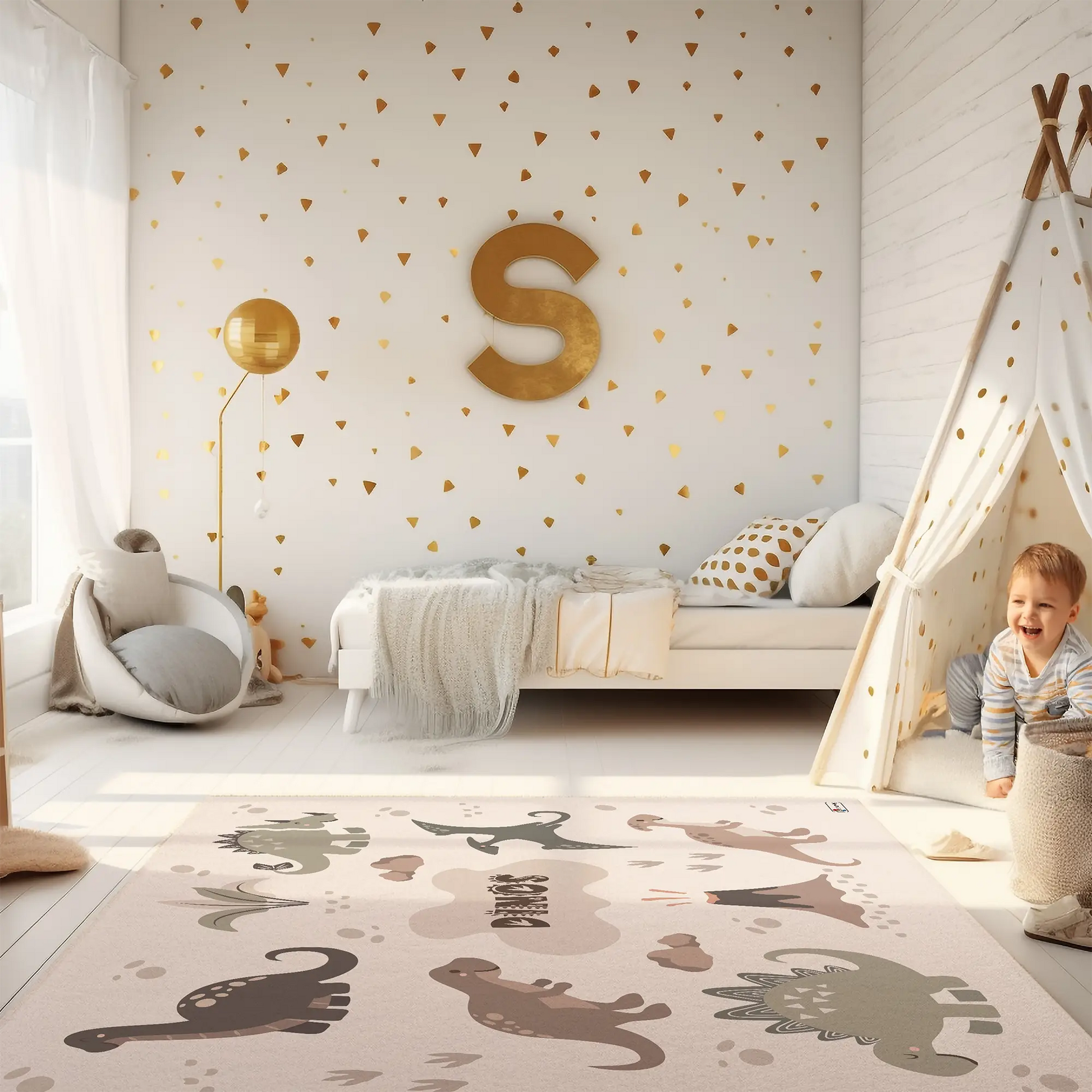 Kinderteppich "Niedliche Dinos" von spielzwerg. Ambientebild von einem hellen Kinderzimmer mit weißem Holzboden und weißen Wänden, dekoriert mit goldenen Dreiecken und einem großen goldenen Buchstaben 'S'. Links steht ein gemütlicher Sessel mit Kissen und Decke, daneben eine goldene Stehlampe. In der Mitte liegt der Teppich. Rechts sitzt ein lachender Junge in einem weißen Spielzelt mit goldenen Punkten. Im Hintergrund ein schlichtes Bett mit weißer Decke und goldenen Akzenten. RUG-00081-XL, RUG-00081-L.