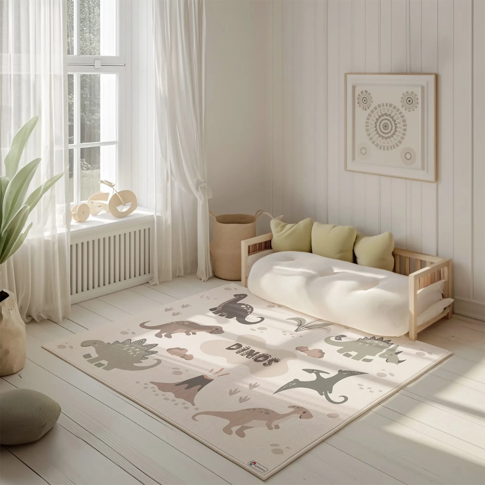 Kinderteppich "Niedliche Dinos" von spielzwerg. Ambientebild von einem hellen, freundlichen Kinderzimmer mit weißen Holzwänden und hellem Holzboden. In der Ecke steht ein niedriges Holzbett mit weißen Decken und hellgrünen Kissen. Davor liegt der Teppich. Links steht ein kleines Holzspielzeugrad am Fenster mit weißen Vorhängen. An der Wand hängt ein gerahmtes Bild mit einem dezenten, kreisförmigen Muster. RUG-00081-XL, RUG-00081-L.