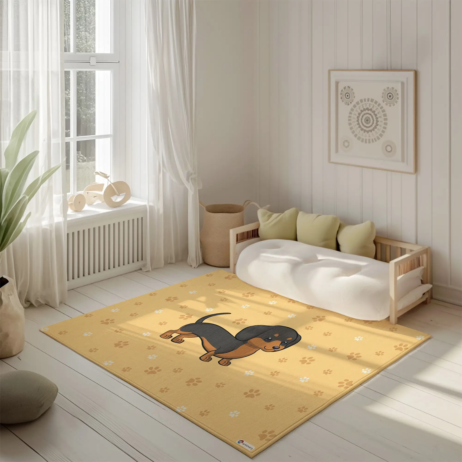Kinderteppich "Danny Dackel" von spielzwerg. Ambientebild von einem hellen, freundlichen Kinderzimmer mit weißen Holzwänden und hellem Holzboden. In der Ecke steht ein niedriges Holzbett mit weißen Decken und hellgrünen Kissen. Davor liegt der Teppich. Links steht ein kleines Holzspielzeugrad am Fenster mit weißen Vorhängen. An der Wand hängt ein gerahmtes Bild mit einem dezenten, kreisförmigen Muster. RUG-00146-XL, RUG-00146-L.