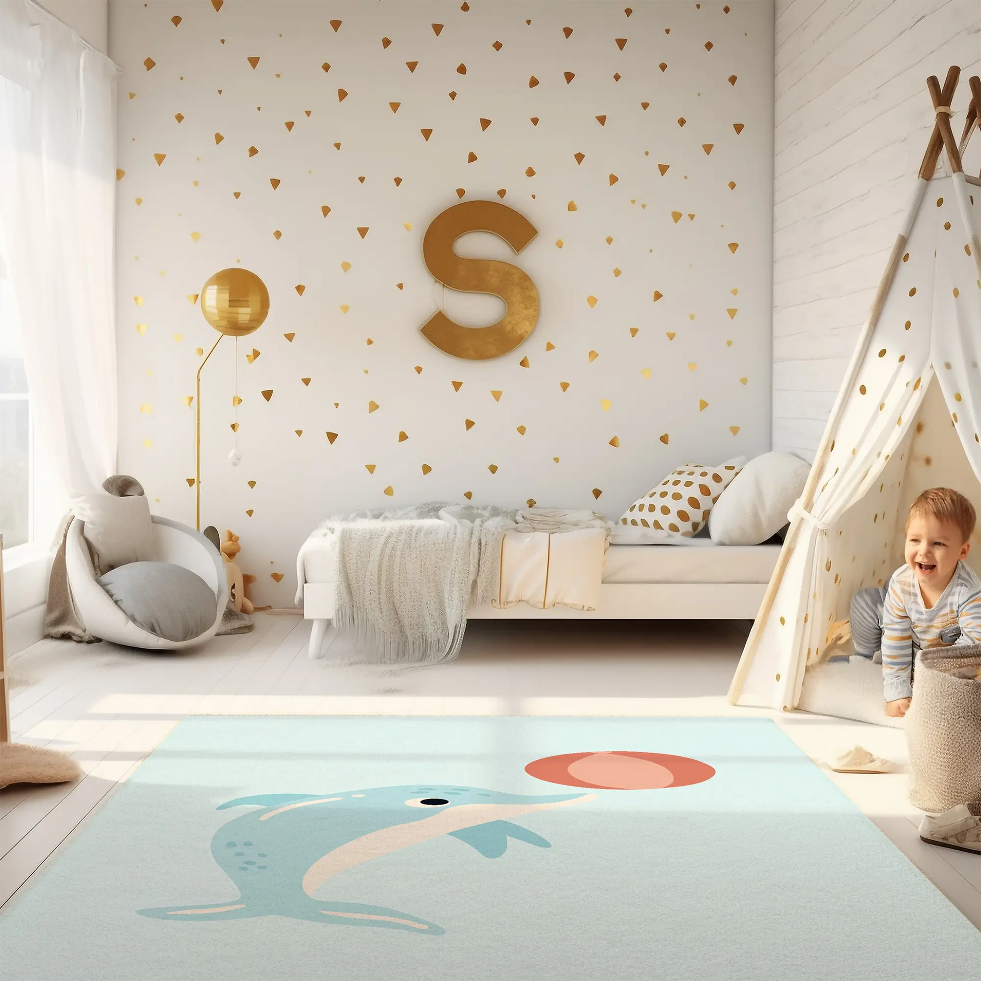 Kinderteppich "Flipper" von spielzwerg. Ambientebild von einem hellen Kinderzimmer mit weißem Holzboden und weißen Wänden, dekoriert mit goldenen Dreiecken und einem großen goldenen Buchstaben 'S'. Links steht ein gemütlicher Sessel mit Kissen und Decke, daneben eine goldene Stehlampe. In der Mitte liegt der Teppich. Rechts sitzt ein lachender Junge in einem weißen Spielzelt mit goldenen Punkten. Im Hintergrund ein schlichtes Bett mit weißer Decke und goldenen Akzenten. RUG-00201-XL, RUG-00201-L.