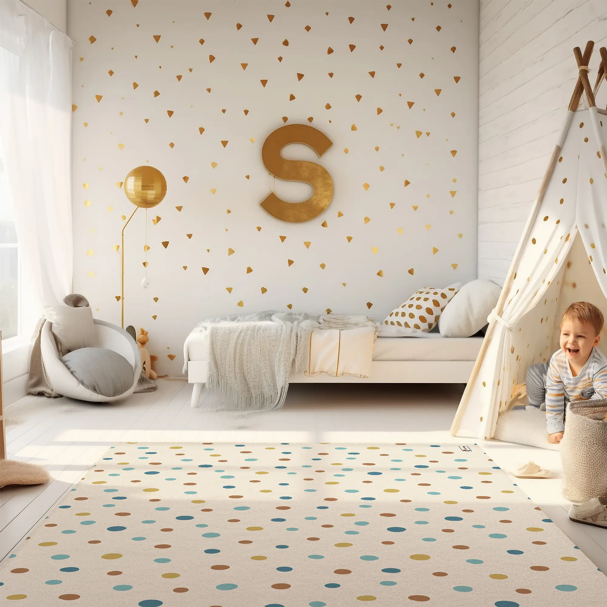 Kinderteppich "Konfetti" von spielzwerg. Ambientebild von einem hellen Kinderzimmer mit weißem Holzboden und weißen Wänden, dekoriert mit goldenen Dreiecken und einem großen goldenen Buchstaben 'S'. Links steht ein gemütlicher Sessel mit Kissen und Decke, daneben eine goldene Stehlampe. In der Mitte liegt der Teppich. Rechts sitzt ein lachender Junge in einem weißen Spielzelt mit goldenen Punkten. Im Hintergrund ein schlichtes Bett mit weißer Decke und goldenen Akzenten. RUG-00059-XL, RUG-00059-L.