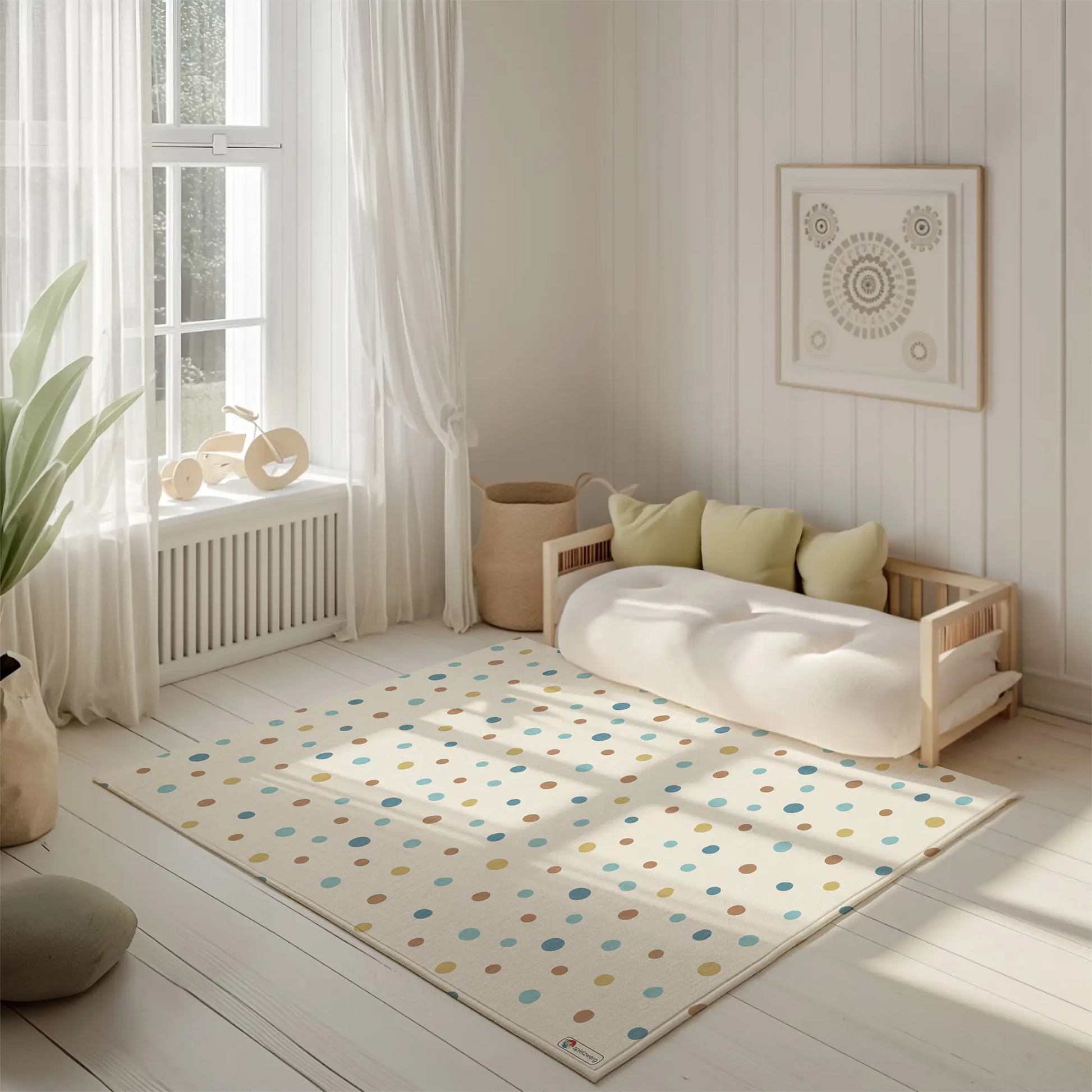 Kinderteppich "Konfetti" von spielzwerg. Ambientebild von einem hellen, freundlichen Kinderzimmer mit weißen Holzwänden und hellem Holzboden. In der Ecke steht ein niedriges Holzbett mit weißen Decken und hellgrünen Kissen. Davor liegt der Teppich. Links steht ein kleines Holzspielzeugrad am Fenster mit weißen Vorhängen. An der Wand hängt ein gerahmtes Bild mit einem dezenten, kreisförmigen Muster. RUG-00059-XL, RUG-00059-L.