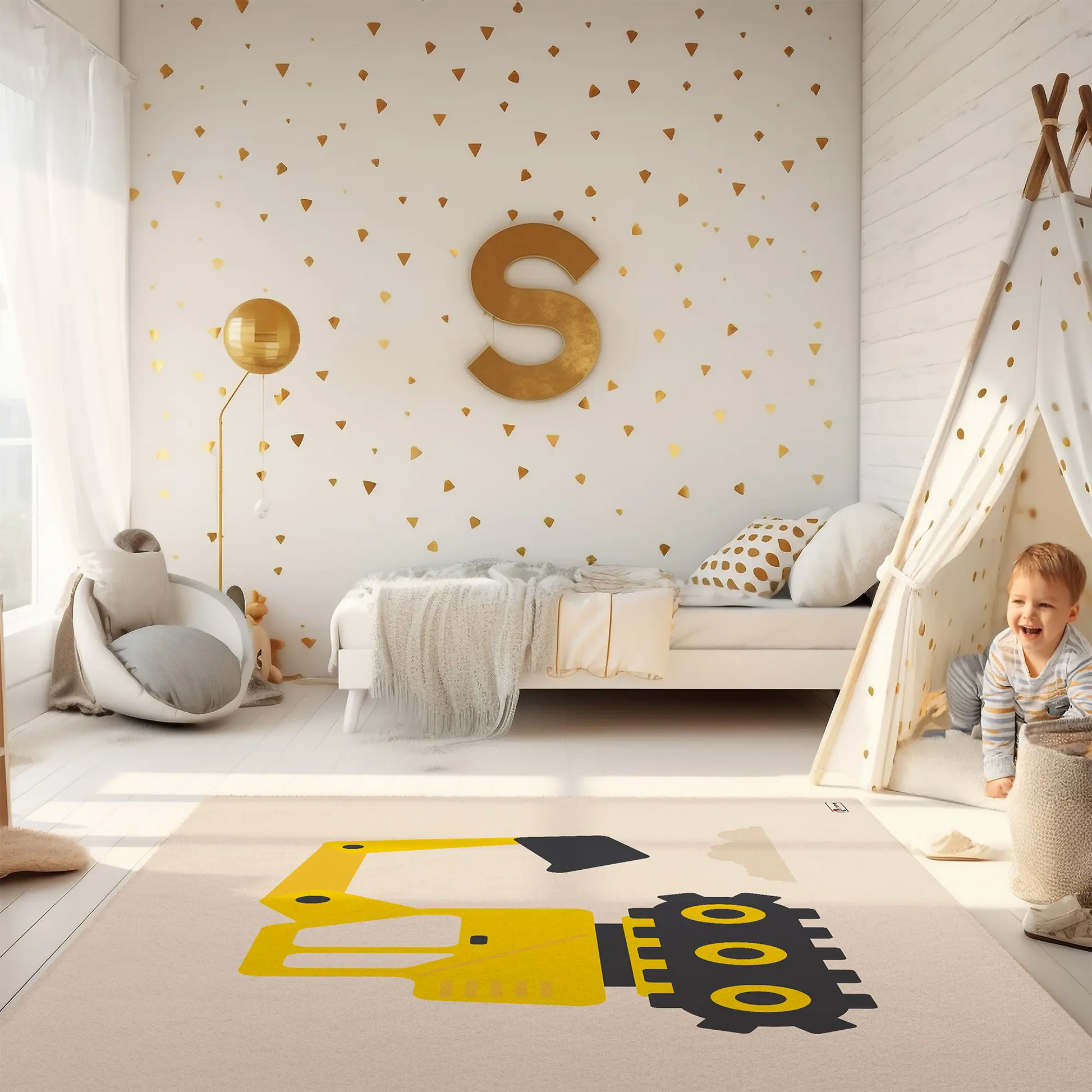 Kinderteppich "Großer Bagger" von spielzwerg. Ambientebild von einem hellen Kinderzimmer mit weißem Holzboden und weißen Wänden, dekoriert mit goldenen Dreiecken und einem großen goldenen Buchstaben 'S'. Links steht ein gemütlicher Sessel mit Kissen und Decke, daneben eine goldene Stehlampe. In der Mitte liegt der Teppich. Rechts sitzt ein lachender Junge in einem weißen Spielzelt mit goldenen Punkten. Im Hintergrund ein schlichtes Bett mit weißer Decke und goldenen Akzenten. RUG-00200-XL, RUG-00200-L.