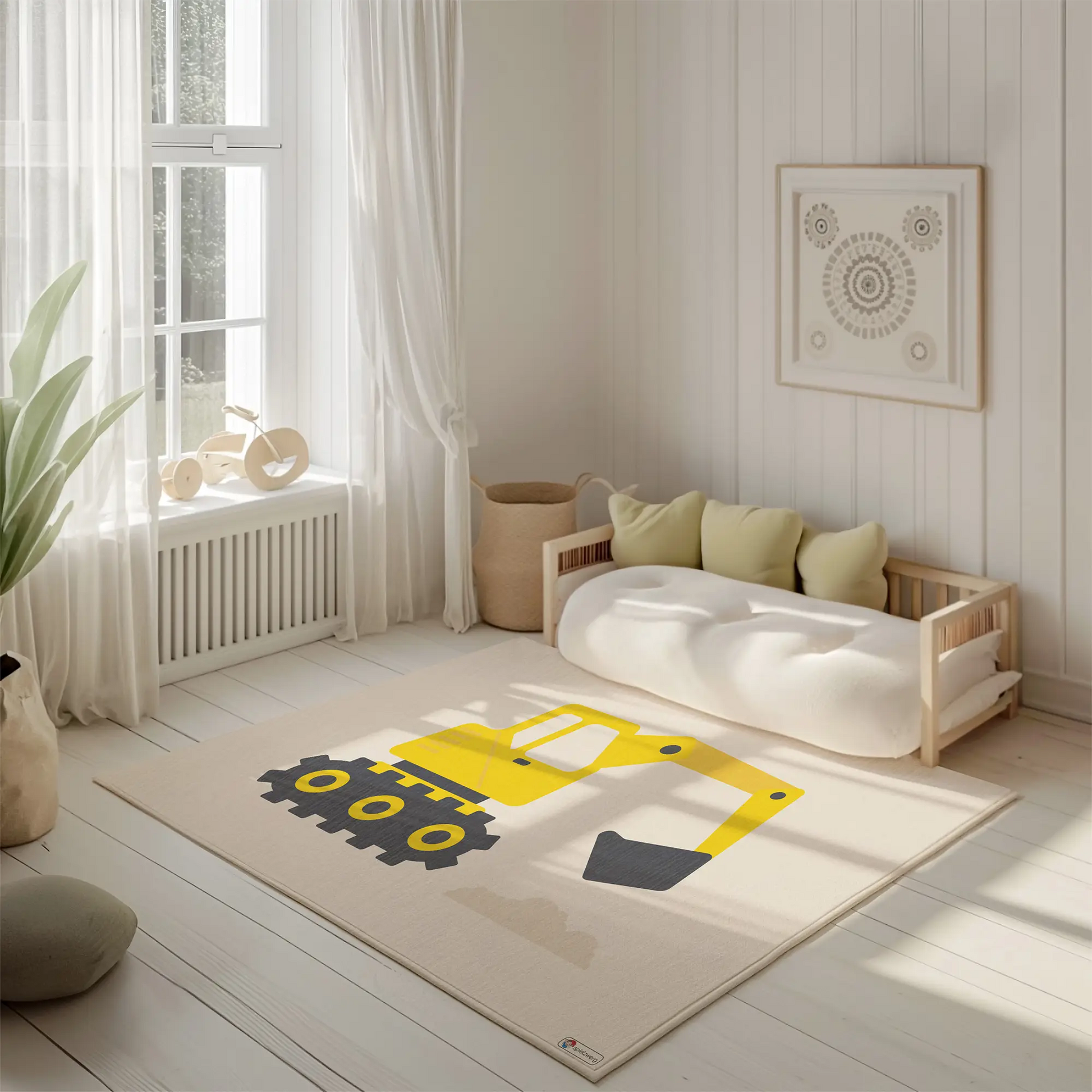 Kinderteppich "Großer Bagger" von spielzwerg. Ambientebild von einem hellen, freundlichen Kinderzimmer mit weißen Holzwänden und hellem Holzboden. In der Ecke steht ein niedriges Holzbett mit weißen Decken und hellgrünen Kissen. Davor liegt der Teppich. Links steht ein kleines Holzspielzeugrad am Fenster mit weißen Vorhängen. An der Wand hängt ein gerahmtes Bild mit einem dezenten, kreisförmigen Muster. RUG-00200-XL, RUG-00200-L.