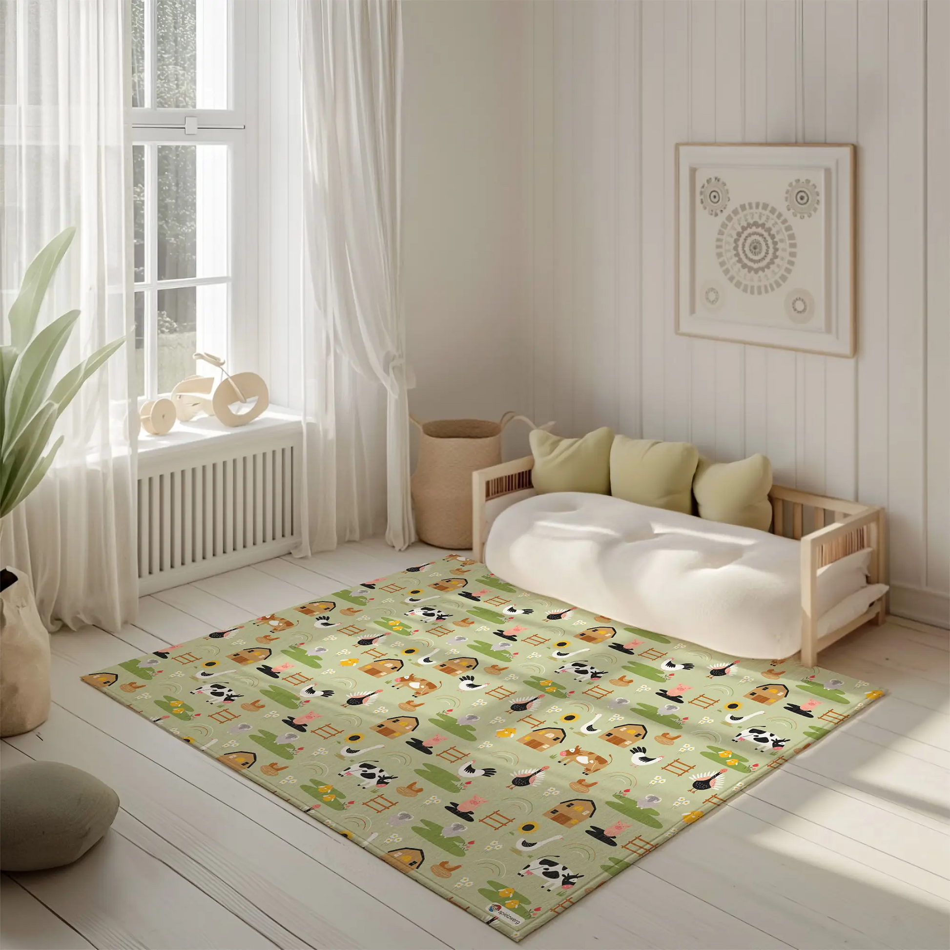 Kinderteppich "Auf der Weide" von spielzwerg. Ambientebild von einem hellen, freundlichen Kinderzimmer mit weißen Holzwänden und hellem Holzboden. In der Ecke steht ein niedriges Holzbett mit weißen Decken und hellgrünen Kissen. Davor liegt der Teppich. Links steht ein kleines Holzspielzeugrad am Fenster mit weißen Vorhängen. An der Wand hängt ein gerahmtes Bild mit einem dezenten, kreisförmigen Muster. RUG-00005-XL, RUG-00005-L.