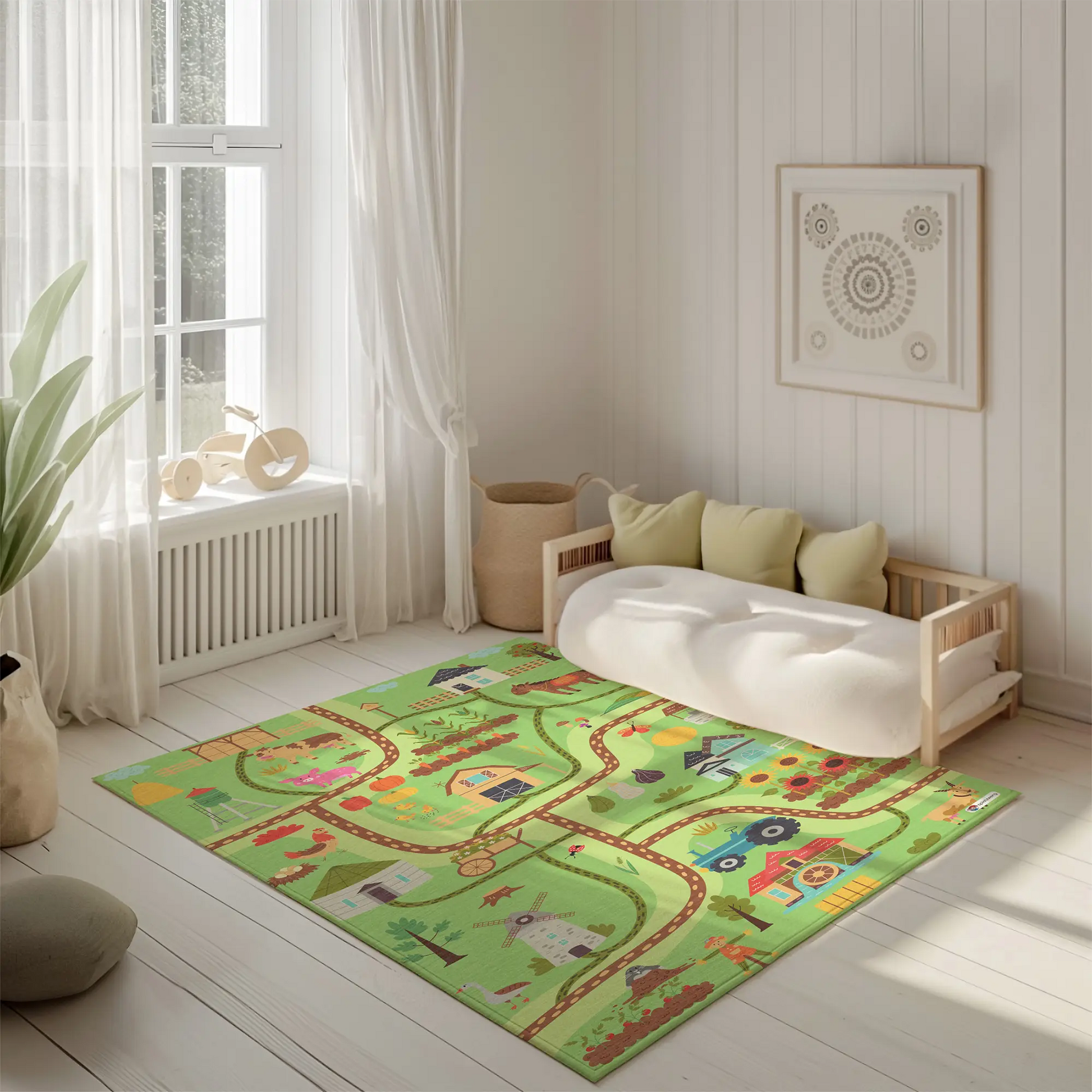 Spielteppich "Marias Farm" von spielzwerg. Ambientebild von einem hellen, freundlichen Kinderzimmer mit weißen Holzwänden und hellem Holzboden. In der Ecke steht ein niedriges Holzbett mit weißen Decken und hellgrünen Kissen. Davor liegt der Teppich. Links steht ein kleines Holzspielzeugrad am Fenster mit weißen Vorhängen. An der Wand hängt ein gerahmtes Bild mit einem dezenten, kreisförmigen Muster. RUG-00091-XL, RUG-00091-L.