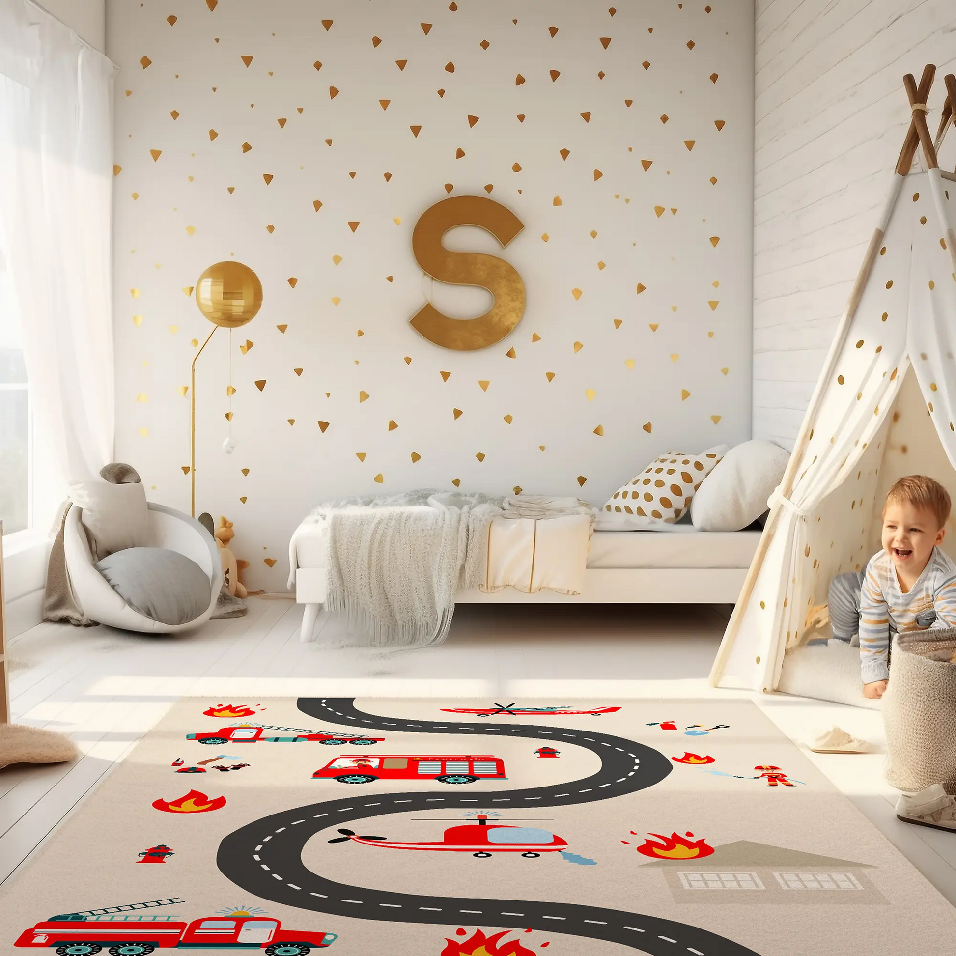 Spielteppich "Feuerwehreinsatz" von spielzwerg. Ambientebild von einem hellen Kinderzimmer mit weißem Holzboden und weißen Wänden, dekoriert mit goldenen Dreiecken und einem großen goldenen Buchstaben 'S'. Links steht ein gemütlicher Sessel mit Kissen und Decke, daneben eine goldene Stehlampe. In der Mitte liegt der Teppich. Rechts sitzt ein lachender Junge in einem weißen Spielzelt mit goldenen Punkten. Im Hintergrund ein schlichtes Bett mit weißer Decke und goldenen Akzenten. RUG-00199-XL, RUG-00199-L.