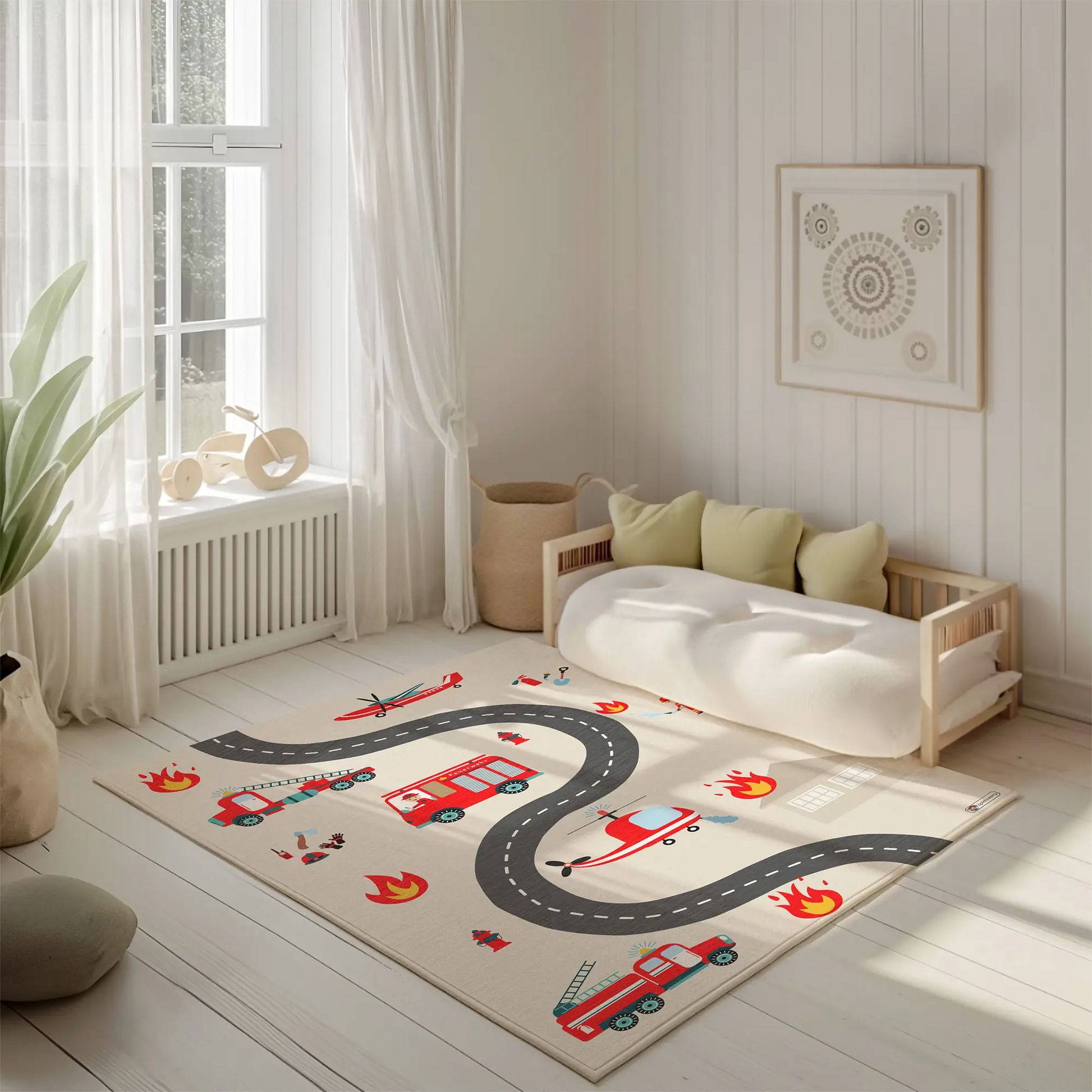 Spielteppich "Feuerwehreinsatz" von spielzwerg. Ambientebild von einem hellen, freundlichen Kinderzimmer mit weißen Holzwänden und hellem Holzboden. In der Ecke steht ein niedriges Holzbett mit weißen Decken und hellgrünen Kissen. Davor liegt der Teppich. Links steht ein kleines Holzspielzeugrad am Fenster mit weißen Vorhängen. An der Wand hängt ein gerahmtes Bild mit einem dezenten, kreisförmigen Muster. RUG-00199-XL, RUG-00199-L.