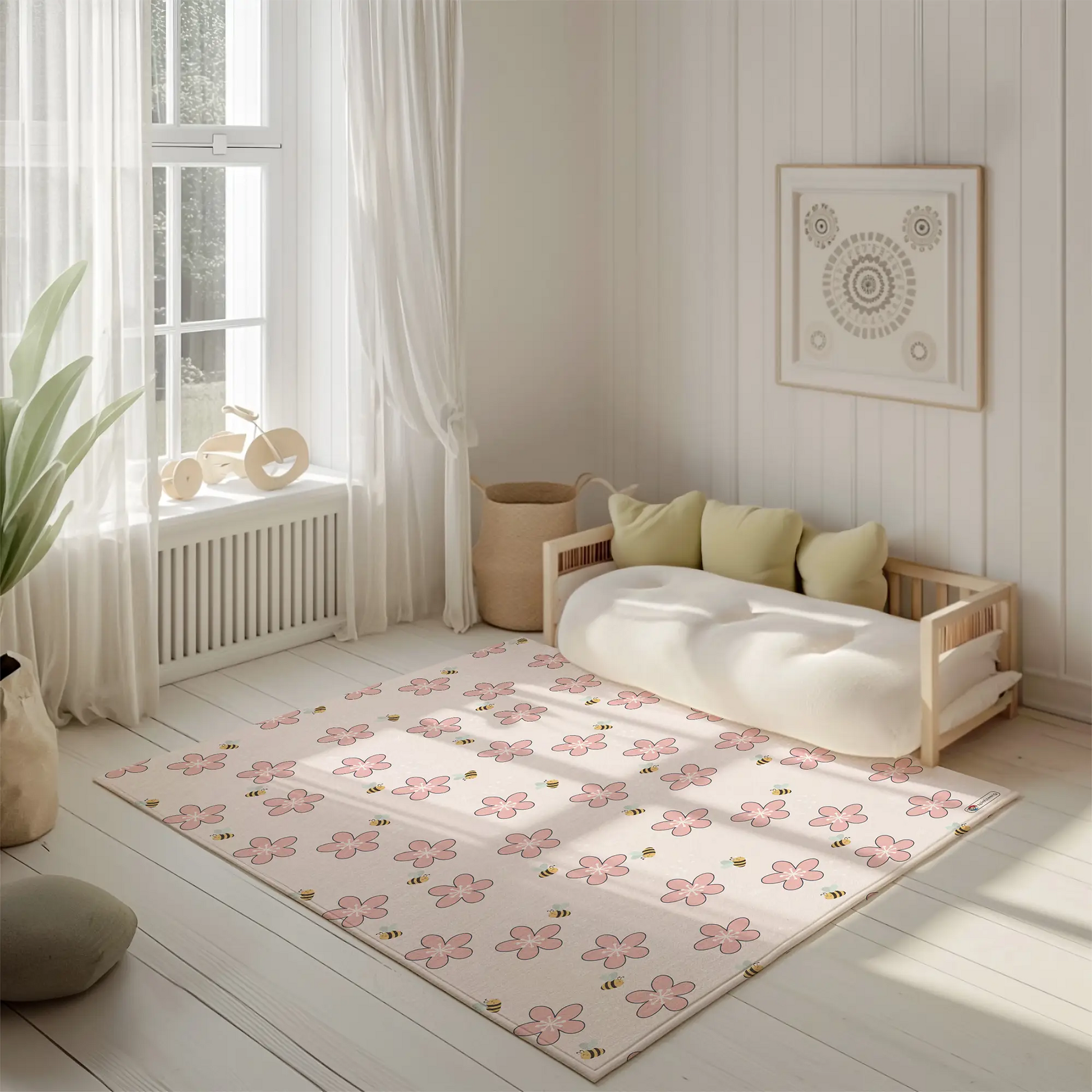Kinderteppich "Blütennektar" von spielzwerg. Ambientebild von einem hellen, freundlichen Kinderzimmer mit weißen Holzwänden und hellem Holzboden. In der Ecke steht ein niedriges Holzbett mit weißen Decken und hellgrünen Kissen. Davor liegt der Teppich. Links steht ein kleines Holzspielzeugrad am Fenster mit weißen Vorhängen. An der Wand hängt ein gerahmtes Bild mit einem dezenten, kreisförmigen Muster. RUG-00058-XL, RUG-00058-L.