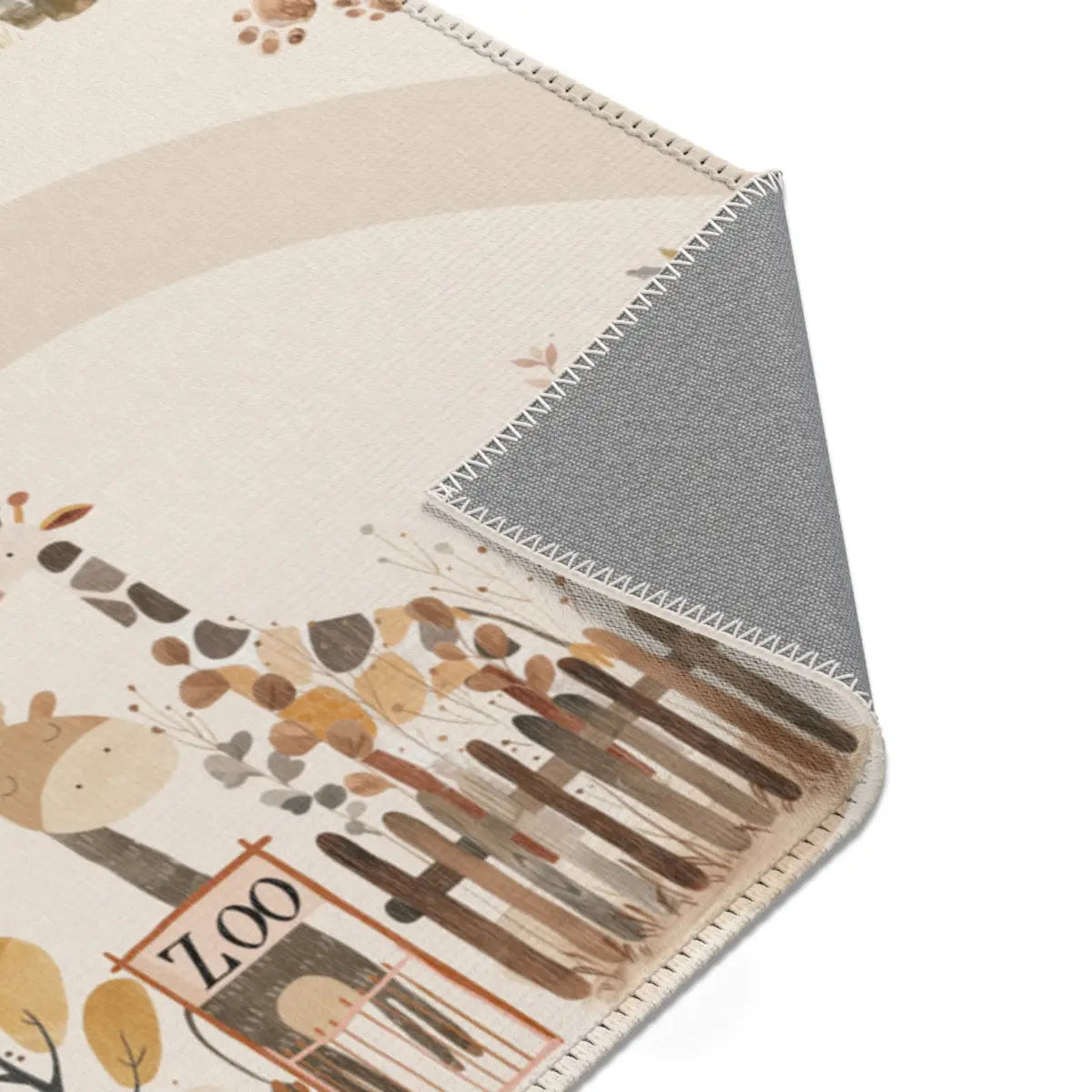 Spielteppich "Niedlicher Zoo" von spielzwerg. Nahaufnahme umgeklappte Ecke. RUG-00011-XL, RUG-00011-L.