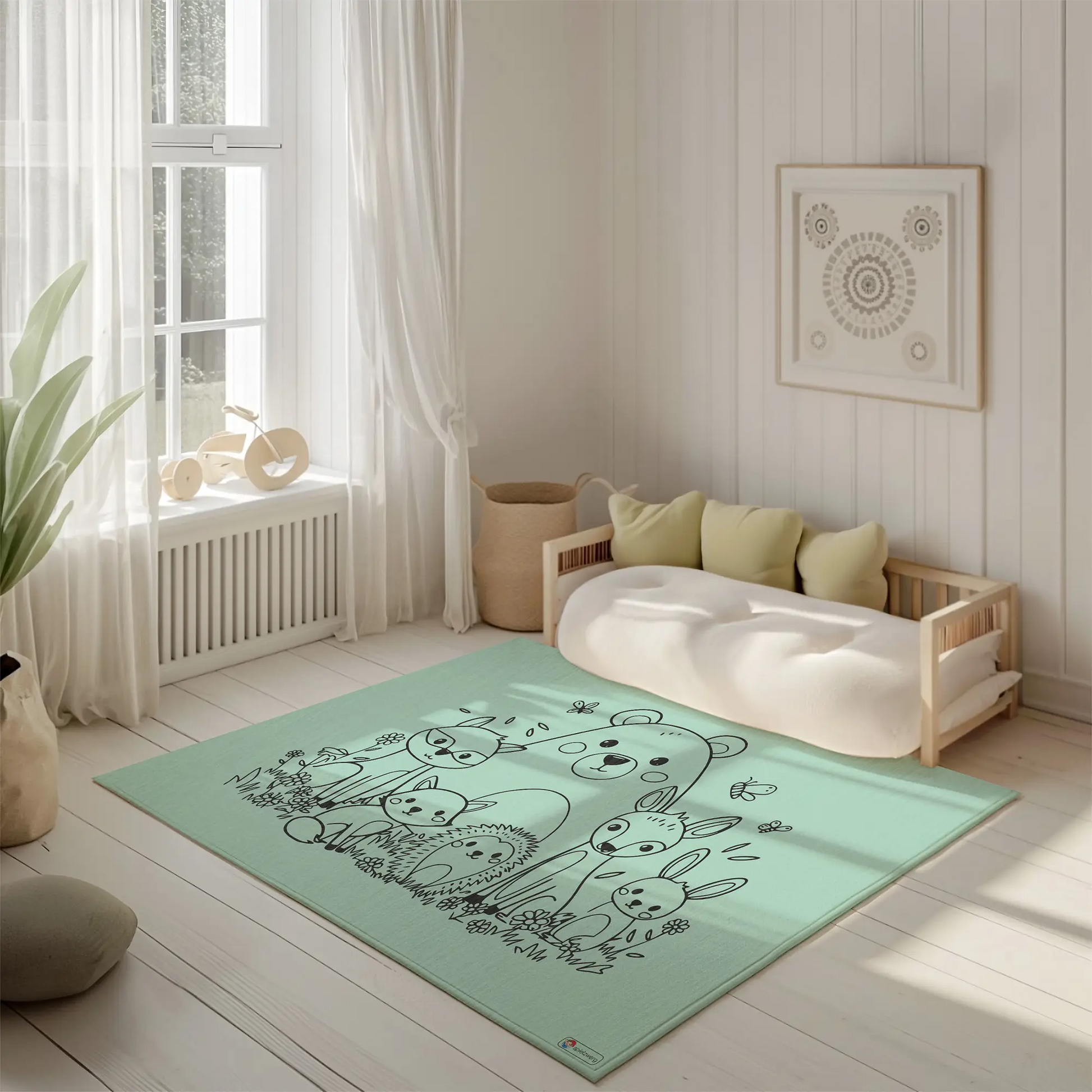 Kinderteppich "Süße Waldtiere" von spielzwerg. Ambientebild von einem hellen, freundlichen Kinderzimmer mit weißen Holzwänden und hellem Holzboden. In der Ecke steht ein niedriges Holzbett mit weißen Decken und hellgrünen Kissen. Davor liegt der Teppich. Links steht ein kleines Holzspielzeugrad am Fenster mit weißen Vorhängen. An der Wand hängt ein gerahmtes Bild mit einem dezenten, kreisförmigen Muster. RUG-00167-XL, RUG-00167-L.